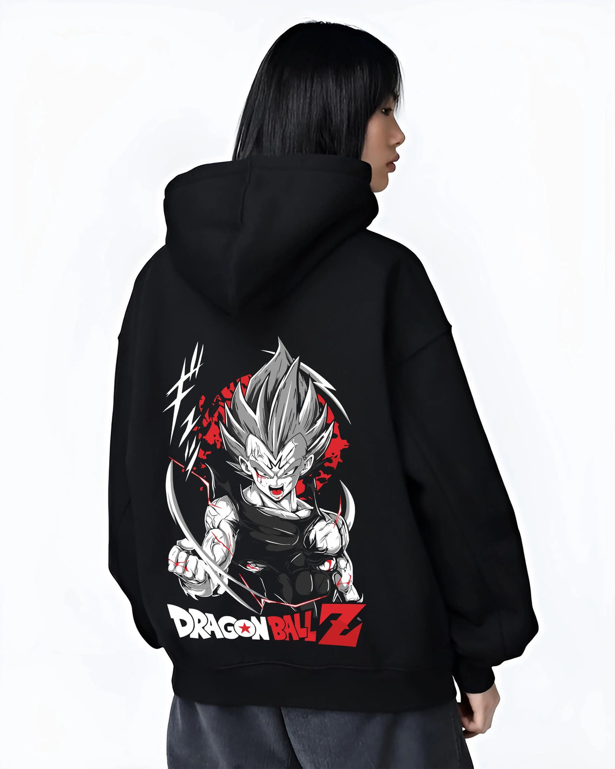 Black hoodie worn by female model from the back featuring Vegeta Ultra Ego God of Destruction power Dragon Ball Super artwork.
