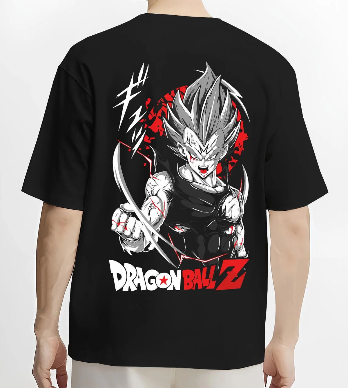 Black T-shirt worn by male model from the back featuring Vegeta Ultra Ego God of Destruction power Dragon Ball Super artwork.