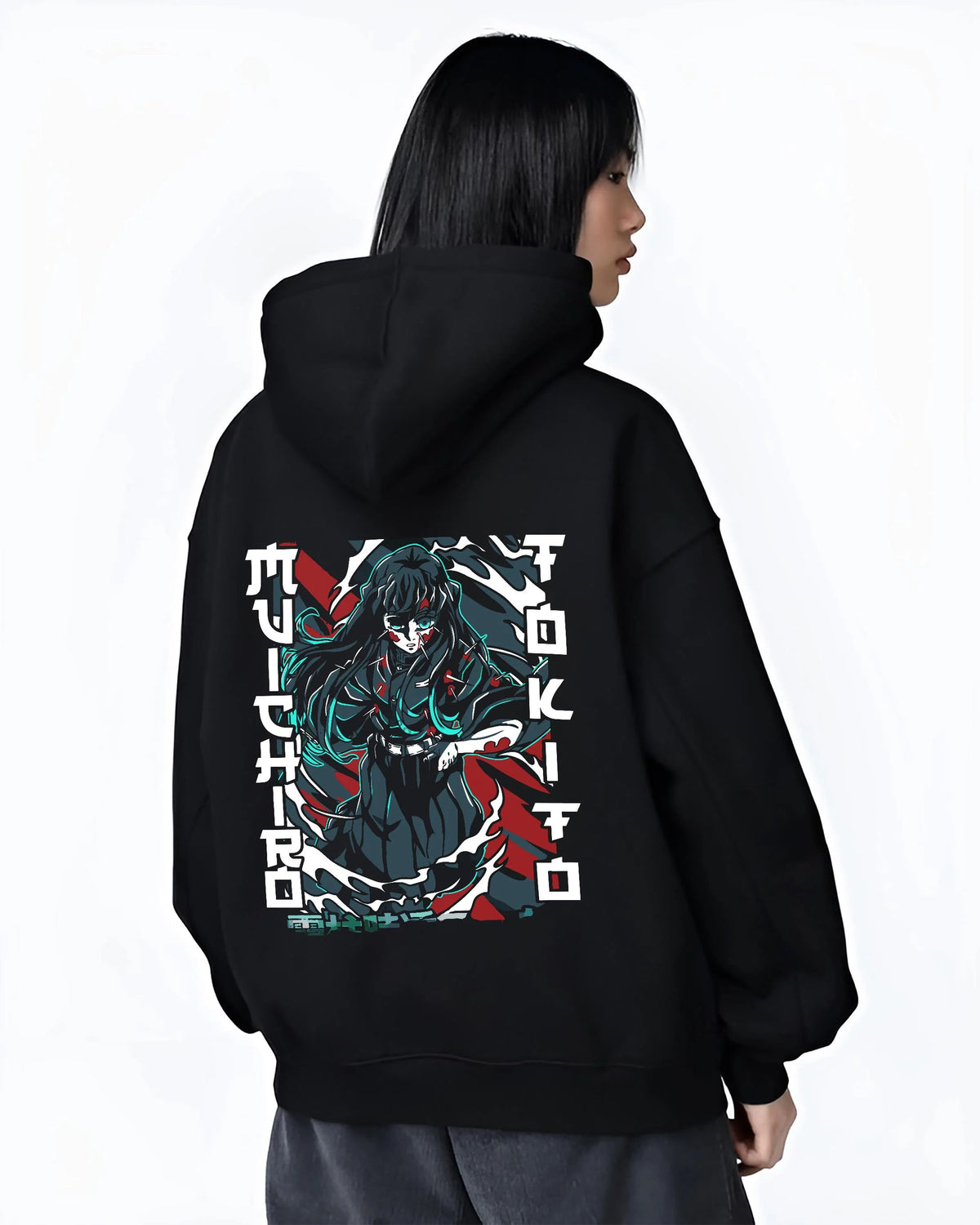 Black hoodie worn by female model from the back featuring Muichiro Tokito wounded Mist Hashira Demon Slayer artwork.