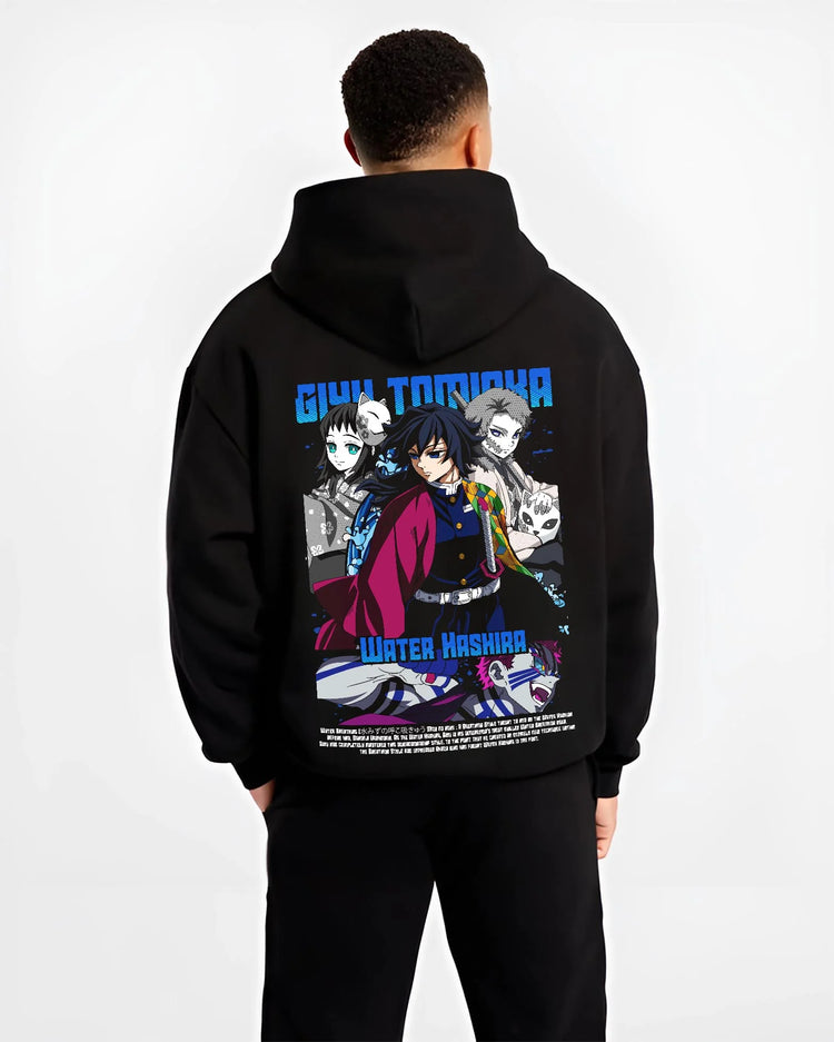 Black hoodie worn by male model, back view with Giyu Hoodie Demon Slayer Water Hashira Anime Corps graphic streetwear graphic.