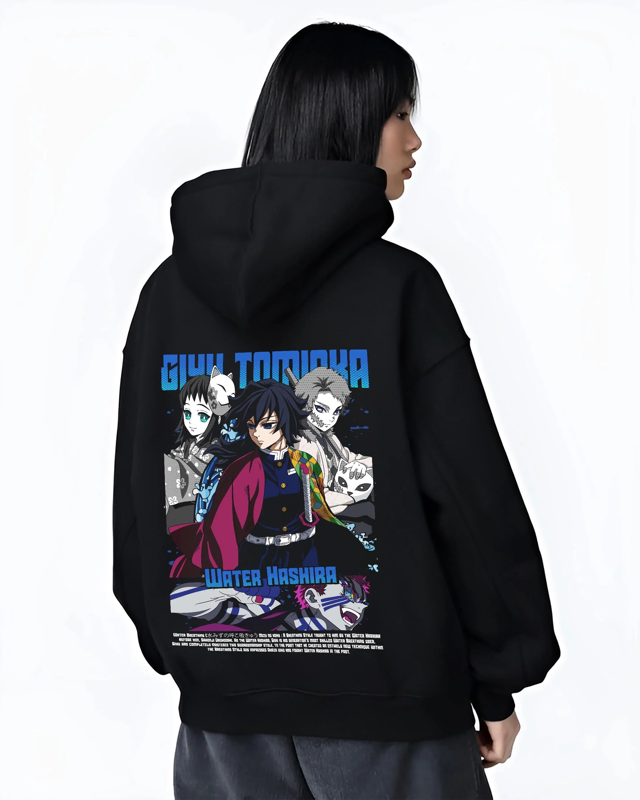 Black hoodie worn by female model, back view with Giyu Hoodie Demon Slayer Water Hashira Anime Corps graphic streetwear graphic.