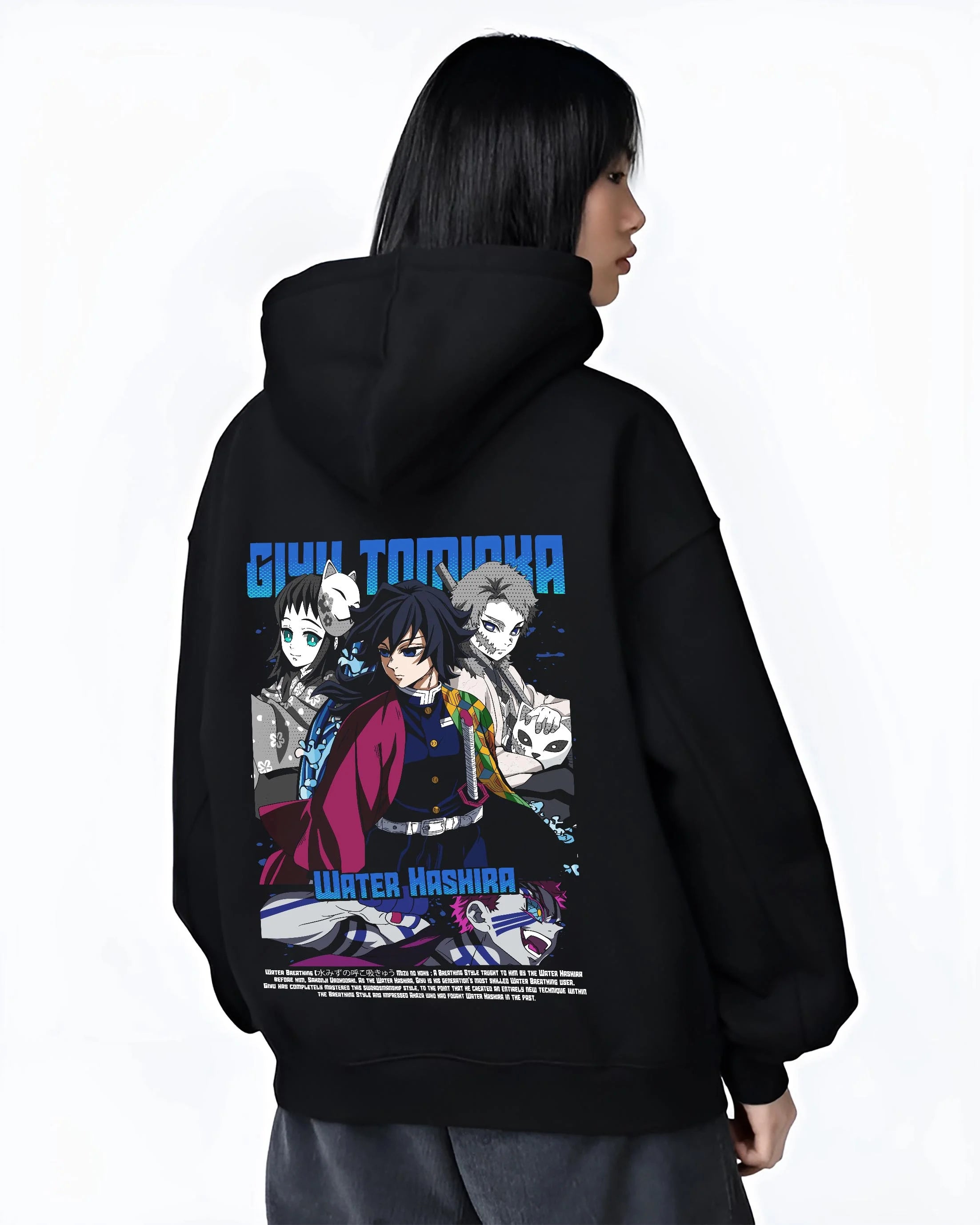 Black hoodie worn by female model, back view with Giyu Hoodie Demon Slayer Water Hashira Anime Corps graphic streetwear graphic.