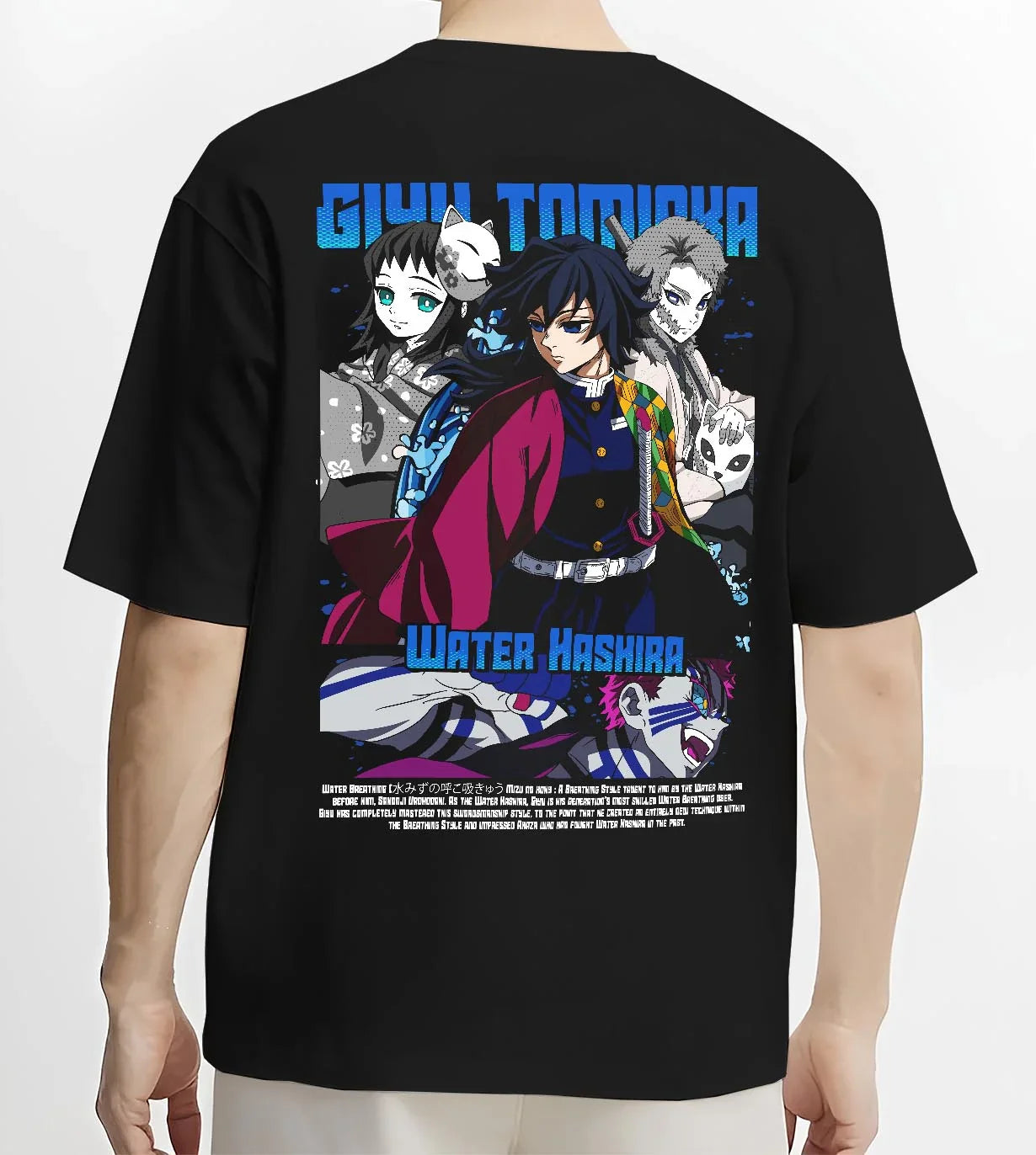 Black T-shirt worn by male model, back view with Giyu Hoodie Demon Slayer Water Hashira Anime Corps graphic premium wear.