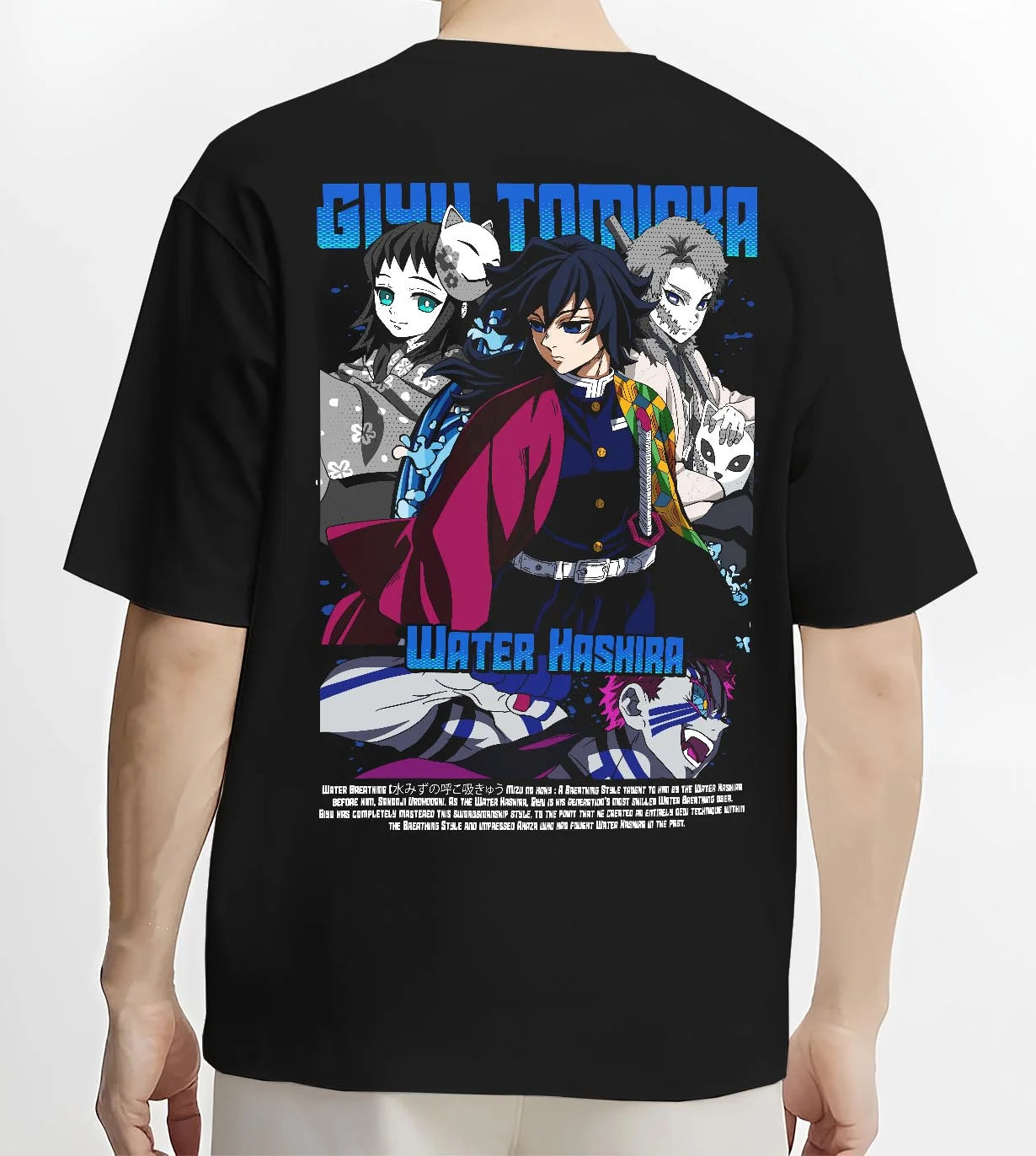 Black T-shirt worn by male model, back view with Giyu Hoodie Demon Slayer Water Hashira Anime Corps graphic premium wear.
