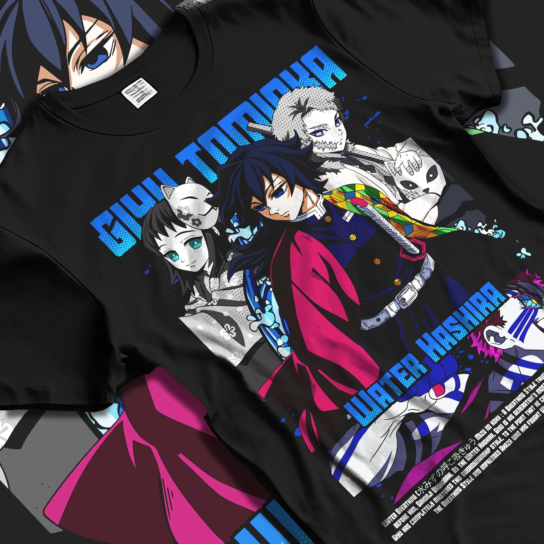 Black T-shirt laid flat with natural folds with Giyu Hoodie Demon Slayer Water Hashira Anime Corps graphic premium wear.