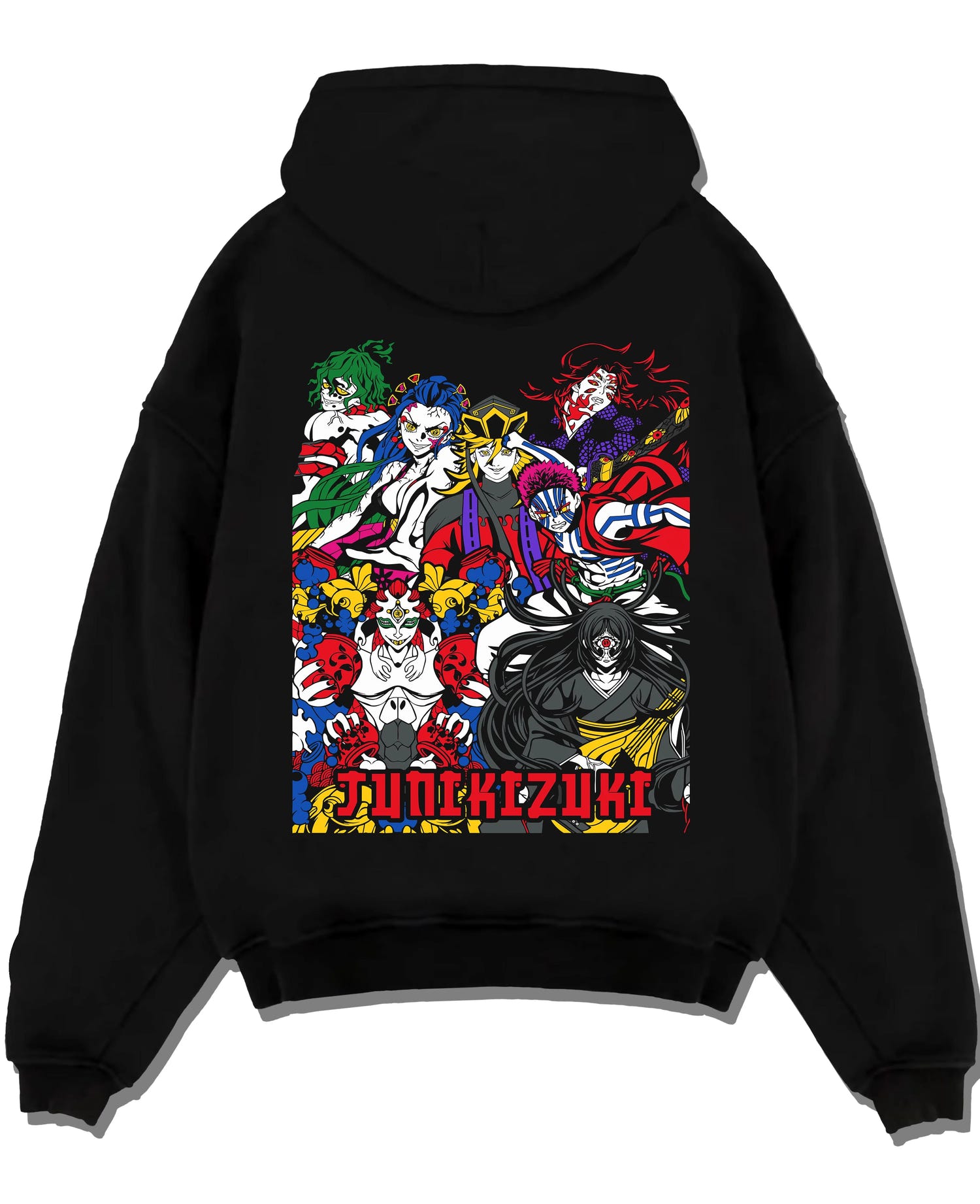 Black pullover hoodie laid flat with Upper Moons Hoodie Demon Slayer Twelve Kizuki Elite graphic streetwear graphic.
