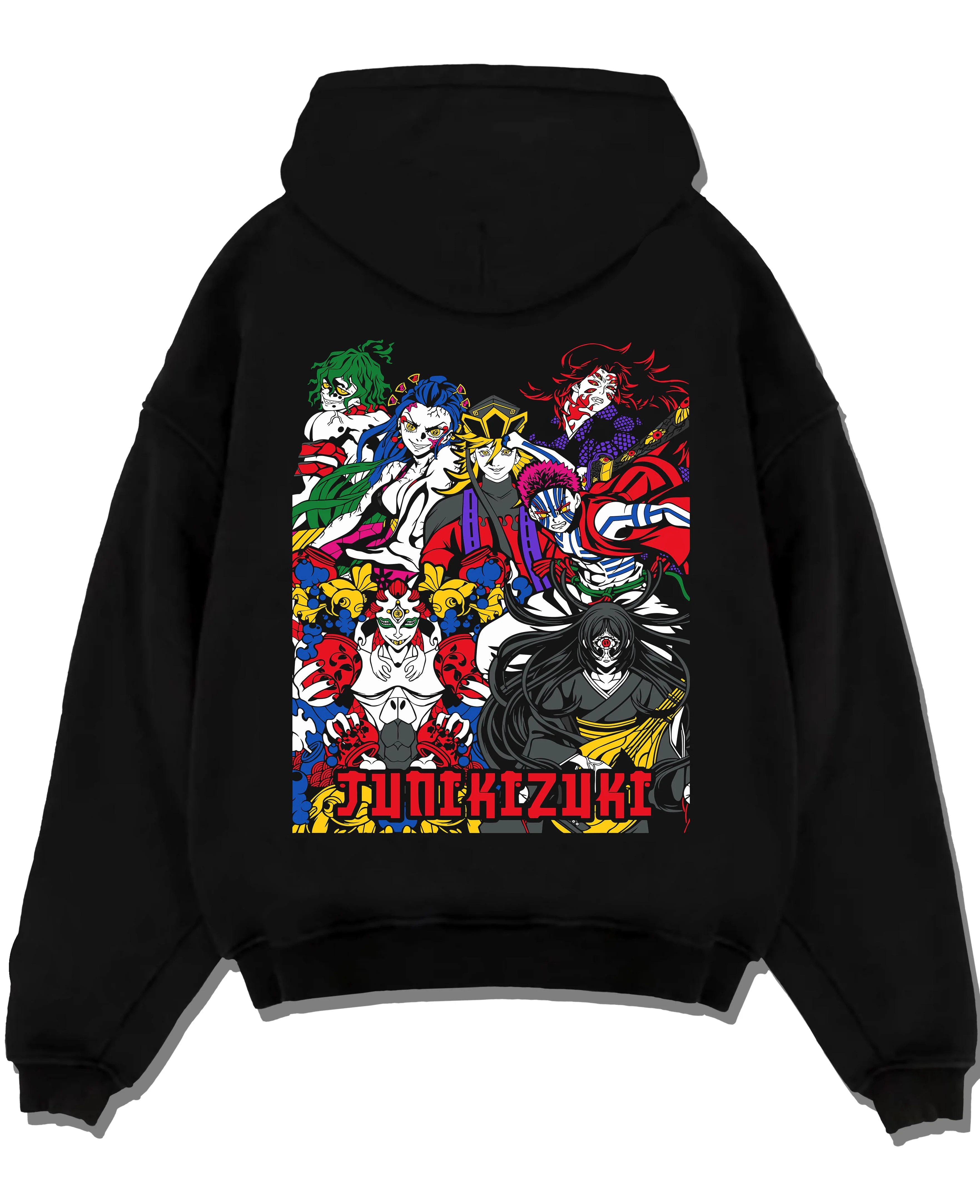 Black pullover hoodie laid flat with Upper Moons Hoodie Demon Slayer Twelve Kizuki Elite graphic streetwear graphic.