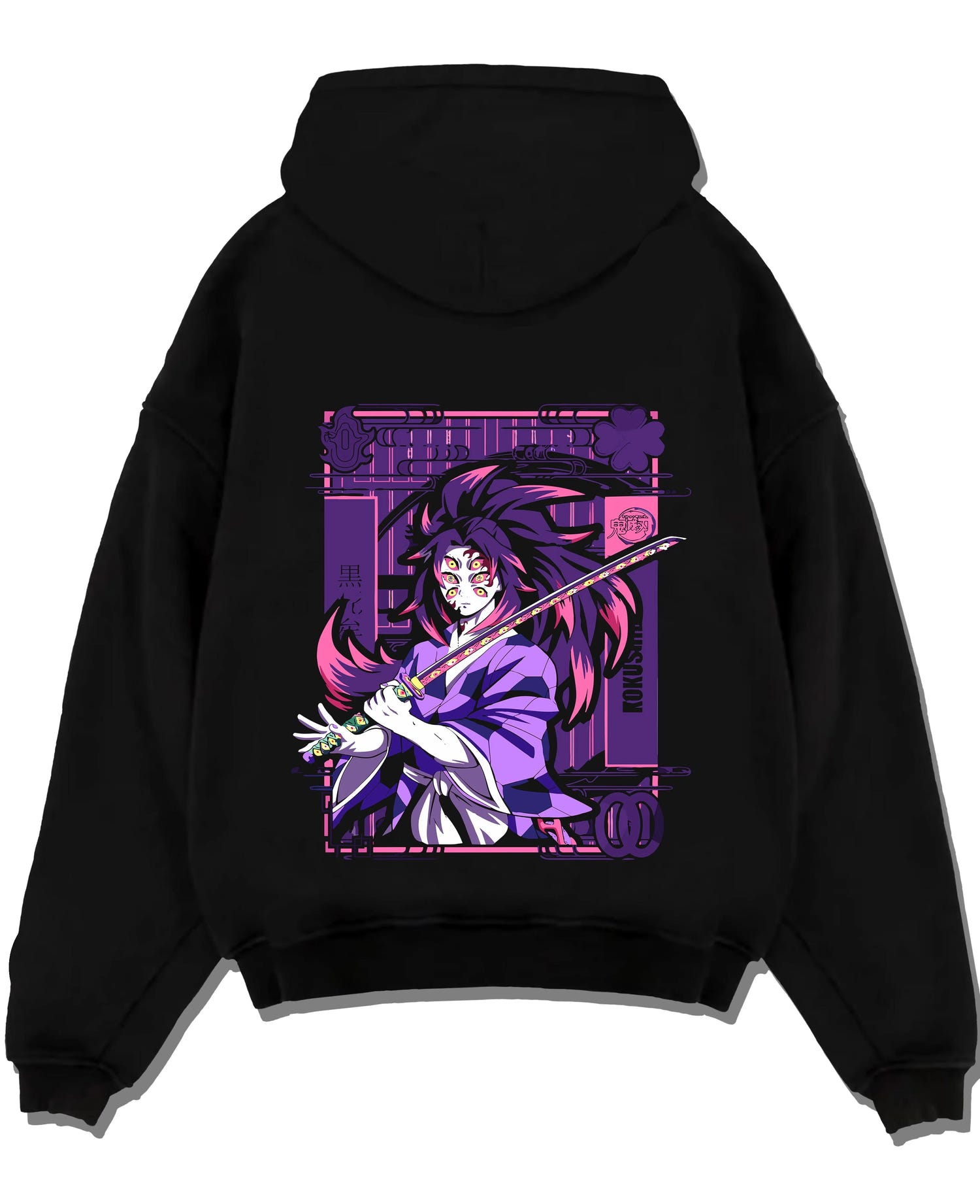 Black pullover hoodie laid flat with Upper Moon Hoodie Demon Slayer Demonic Power graphic streetwear graphic.