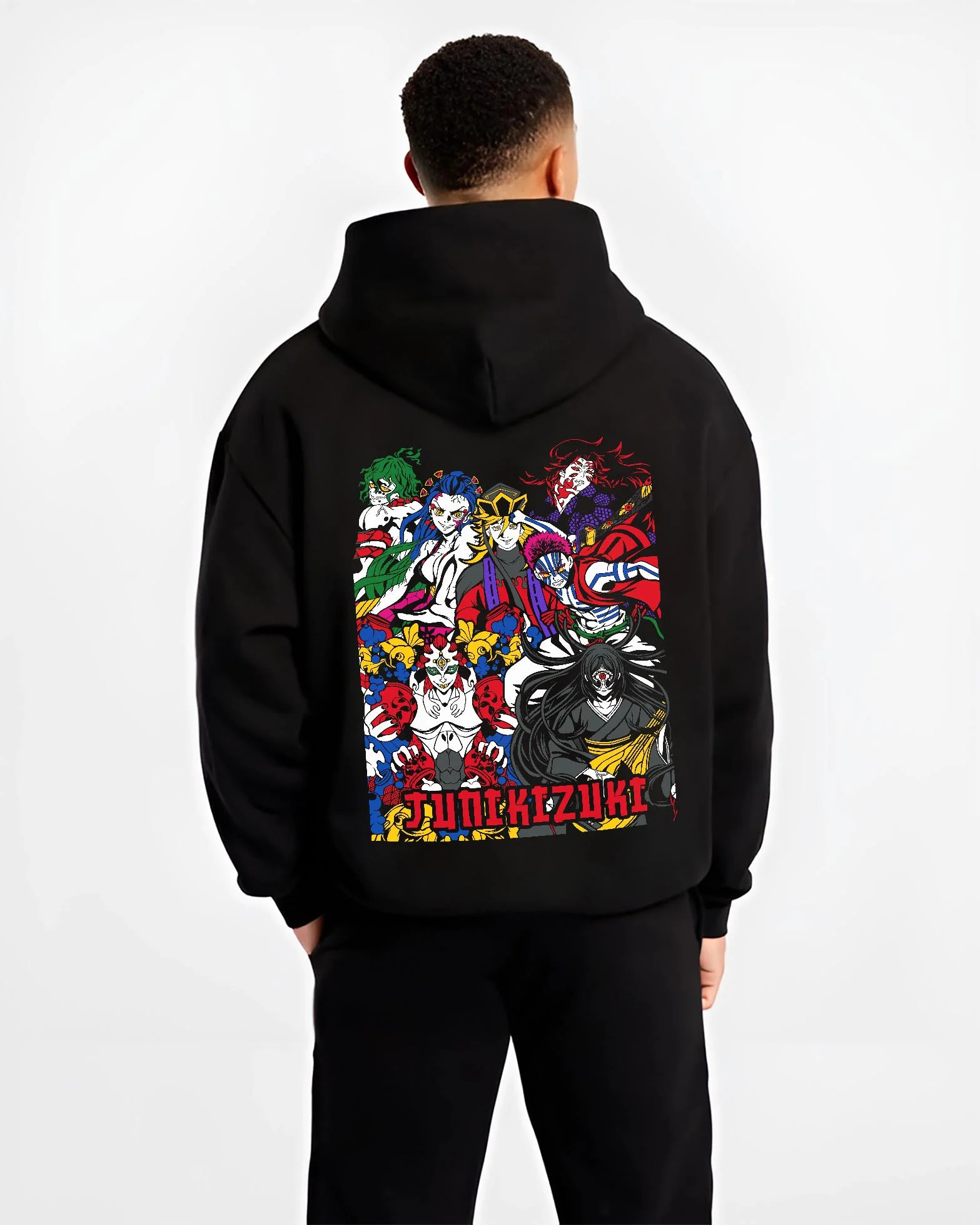 Black hoodie worn by male model, back view with Upper Moons Hoodie Demon Slayer Twelve Kizuki Elite graphic premium wear.