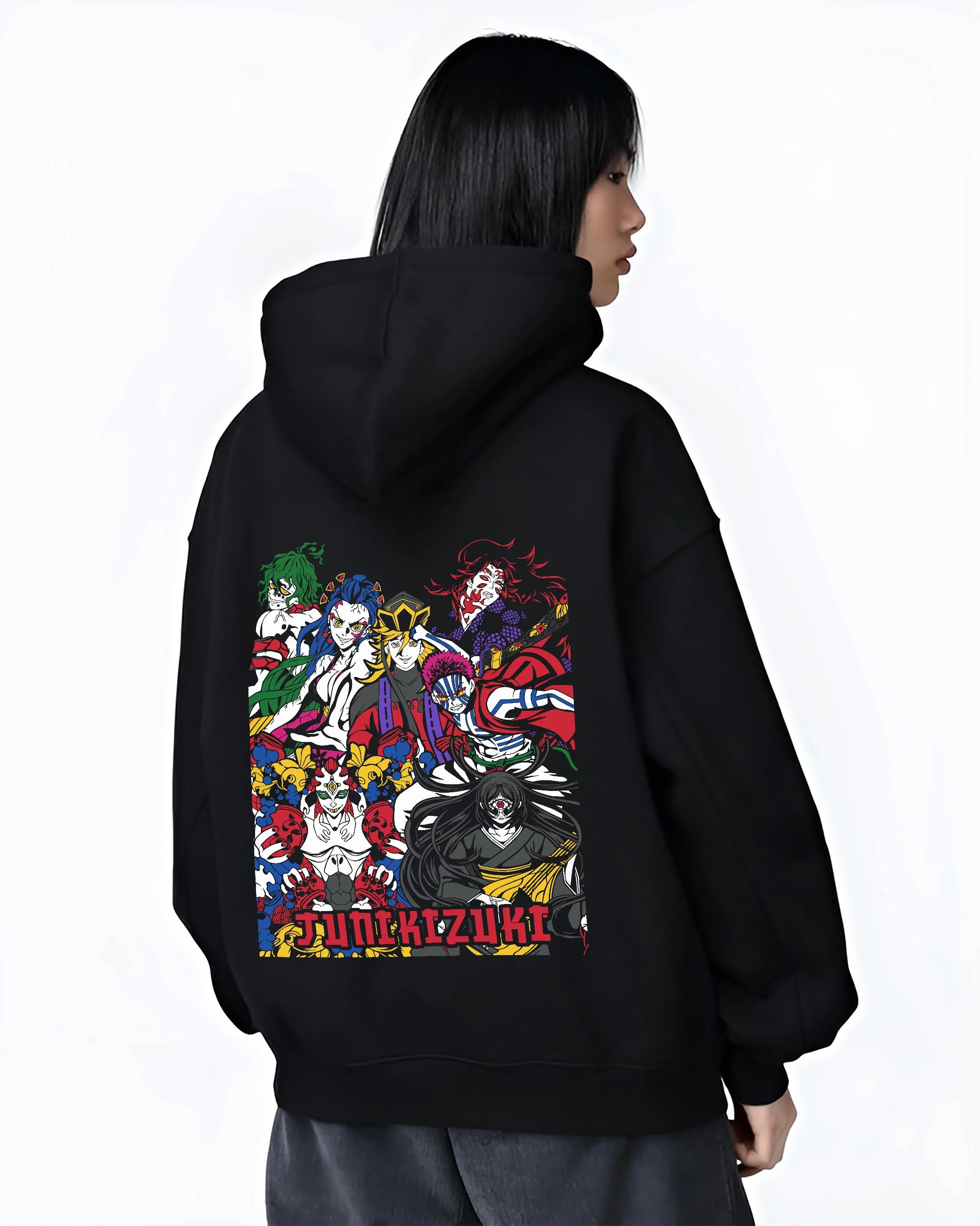 Black hoodie worn by female model, back view with Upper Moons Hoodie Demon Slayer Twelve Kizuki Elite graphic streetwear graphic.
