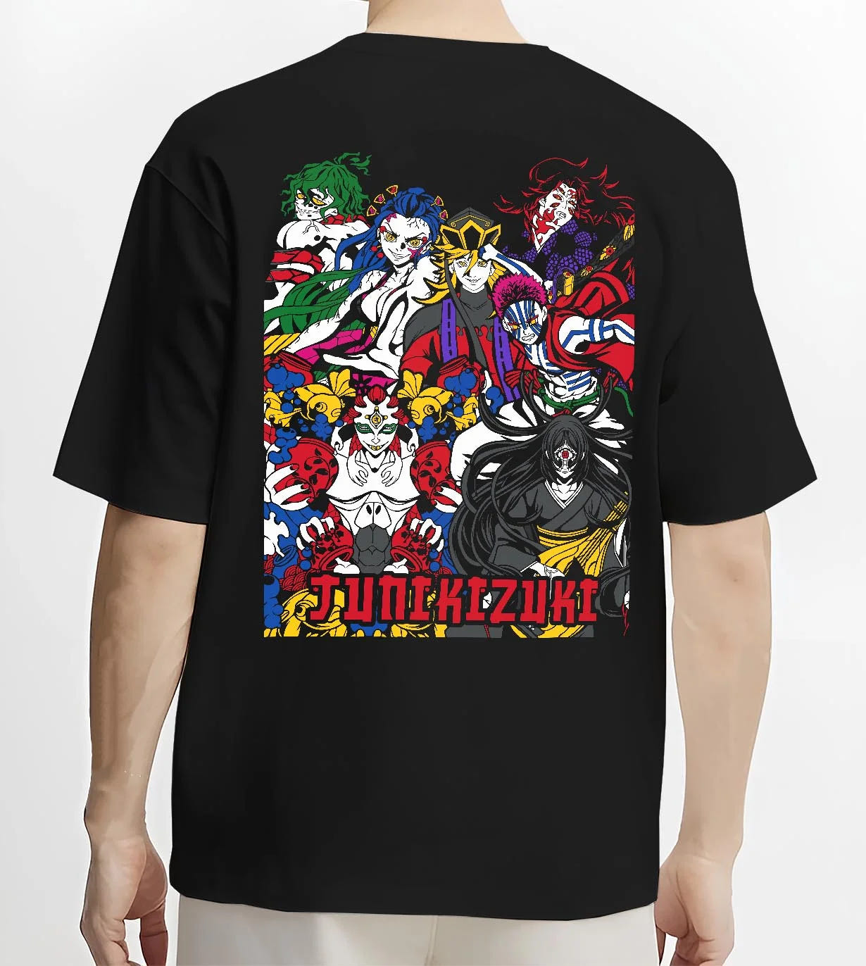 Black T-shirt worn by male model, back view with Upper Moons Hoodie Demon Slayer Twelve Kizuki Elite graphic streetwear graphic.