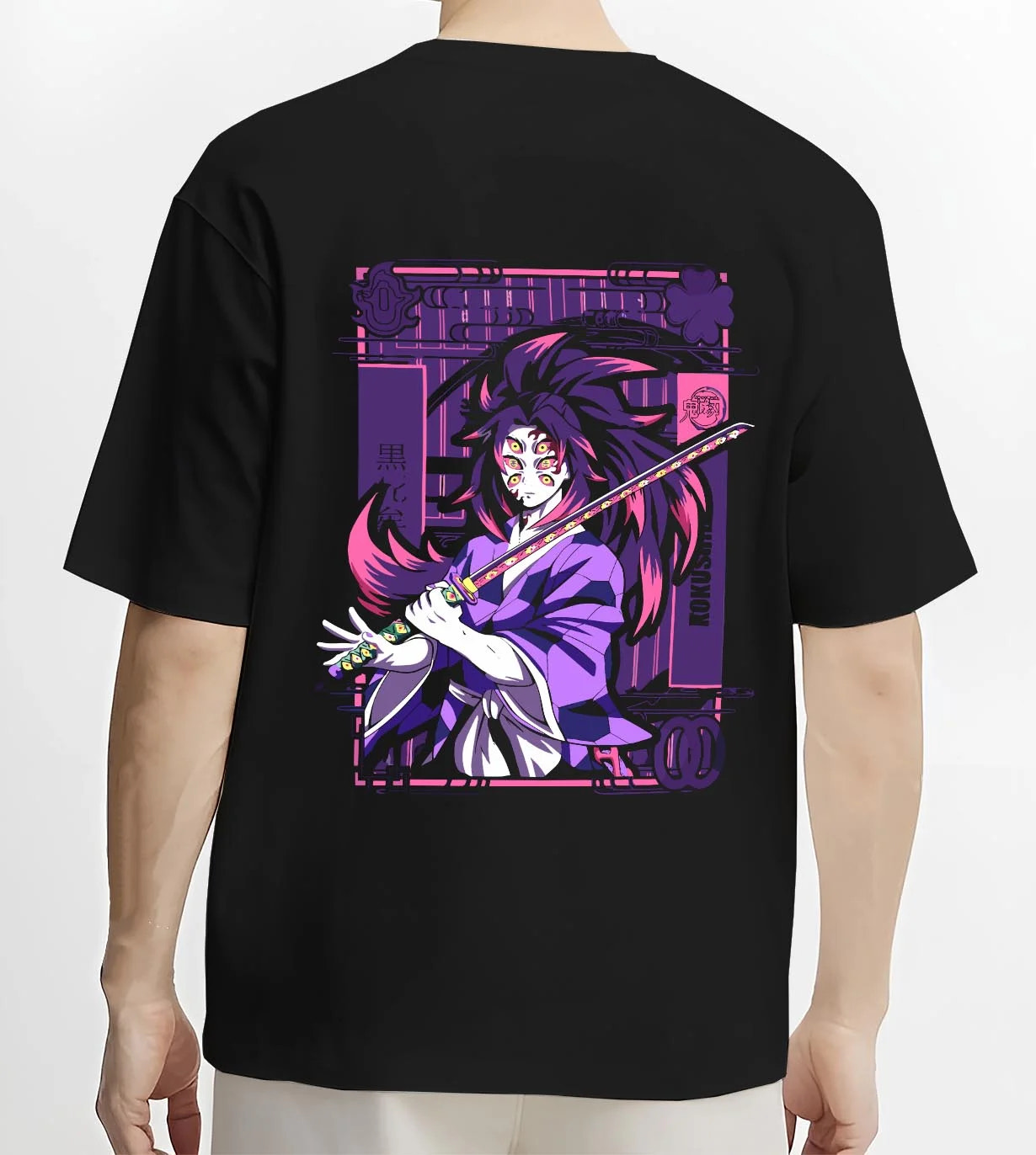 Black T-shirt worn by male model, back view with Upper Moon Hoodie Demon Slayer Demonic Power graphic premium wear.