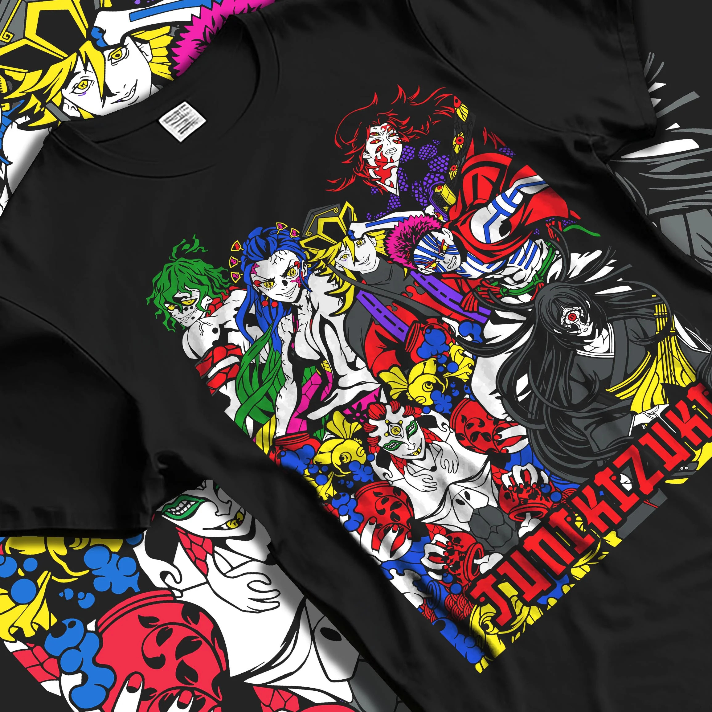 Black T-shirt laid flat with natural folds with Upper Moons Hoodie Demon Slayer Twelve Kizuki Elite graphic streetwear graphic.