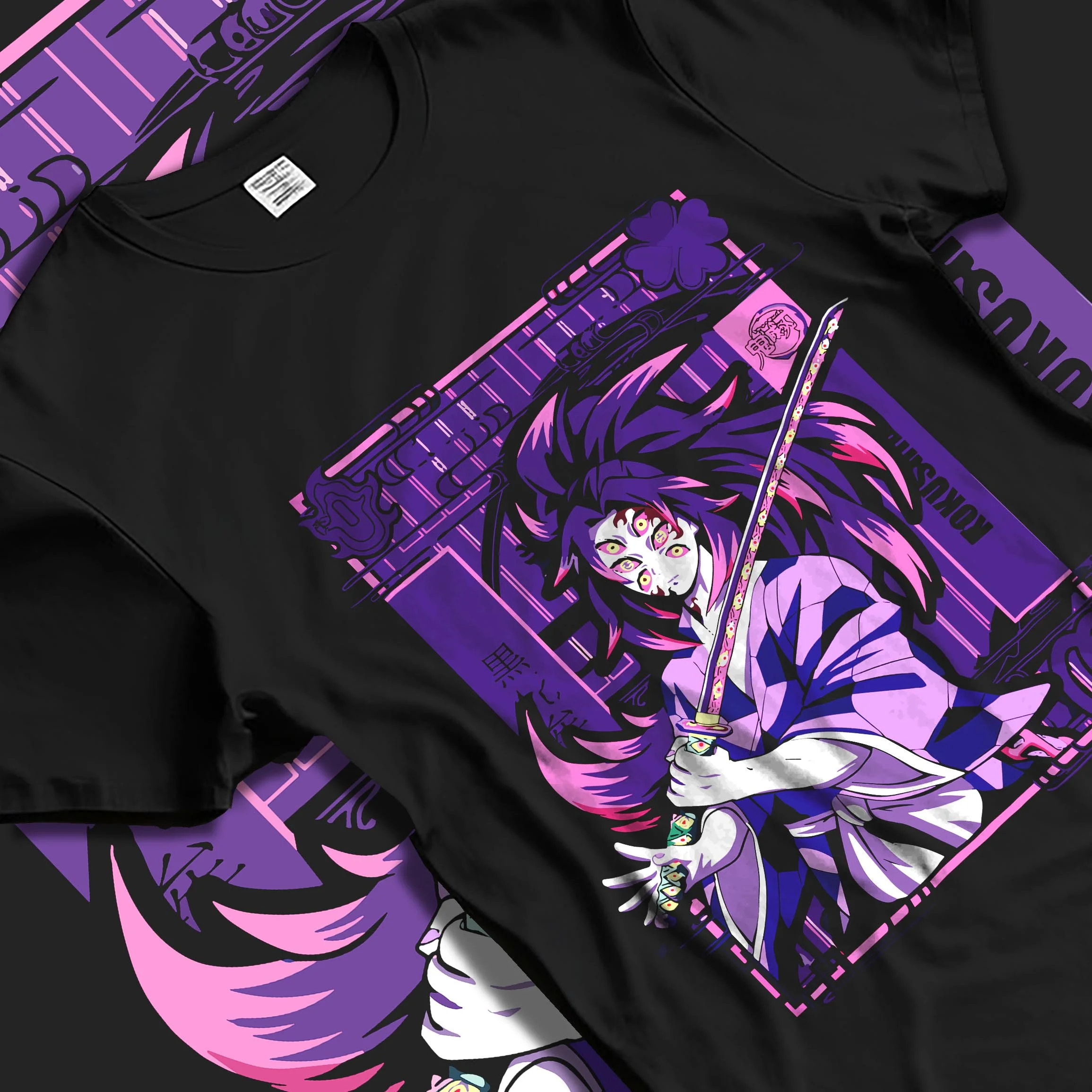 Black T-shirt laid flat with natural folds with Upper Moon Hoodie Demon Slayer Demonic Power graphic nan anime design.