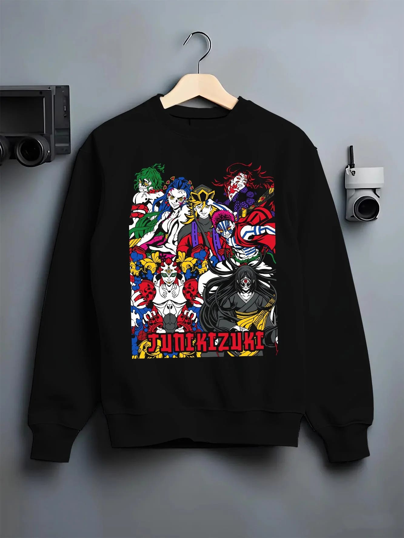 Black crewneck sweatshirt on hanger with Upper Moons Hoodie Demon Slayer Twelve Kizuki Elite graphic streetwear graphic.