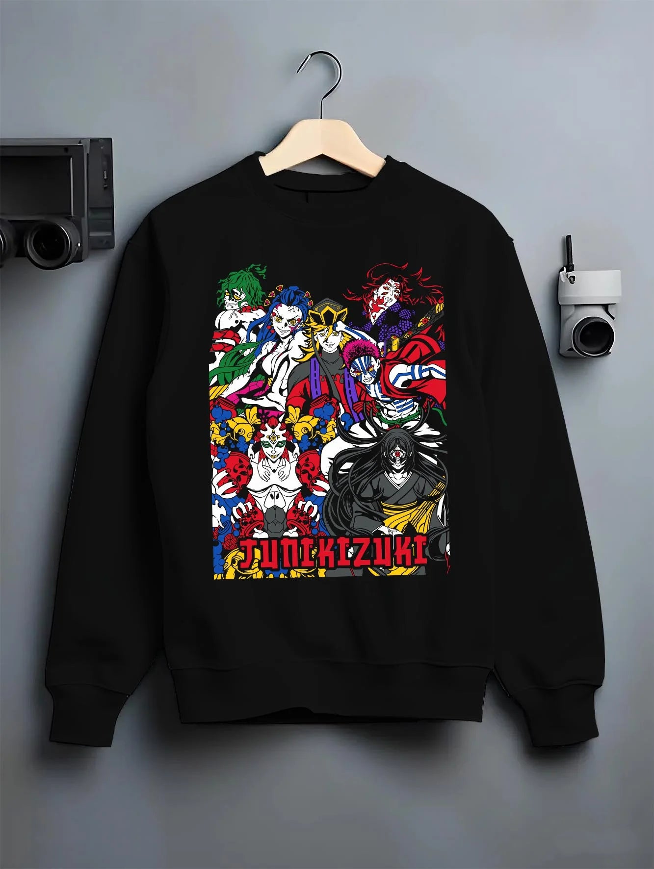 Black crewneck sweatshirt on hanger with Upper Moons Hoodie Demon Slayer Twelve Kizuki Elite graphic streetwear graphic.