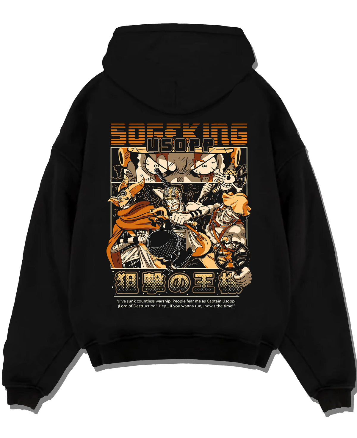Black hoodie laid flat featuring Usopp Sniper King Straw Hat pirate One Piece artwork.