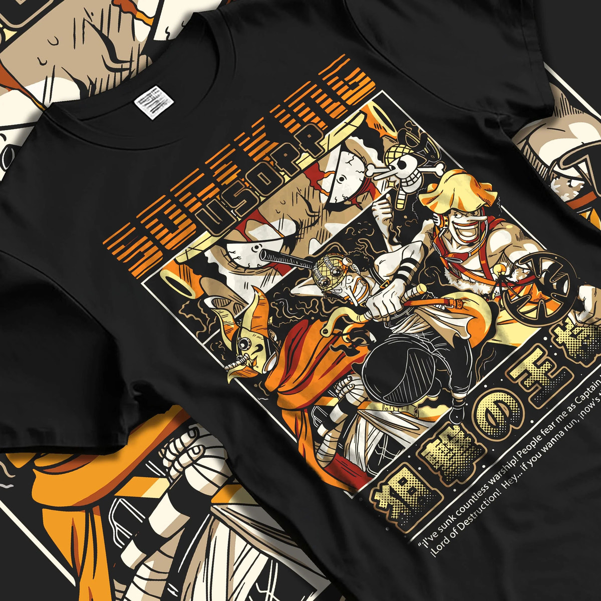 Black T-shirt laid flat with natural folds featuring Usopp Sniper King Straw Hat pirate One Piece artwork.