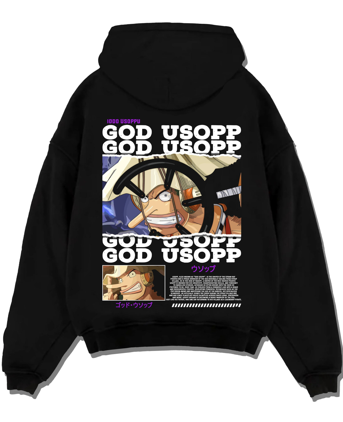 Black hoodie laid flat featuring God Usopp warrior sniper One Piece artwork.