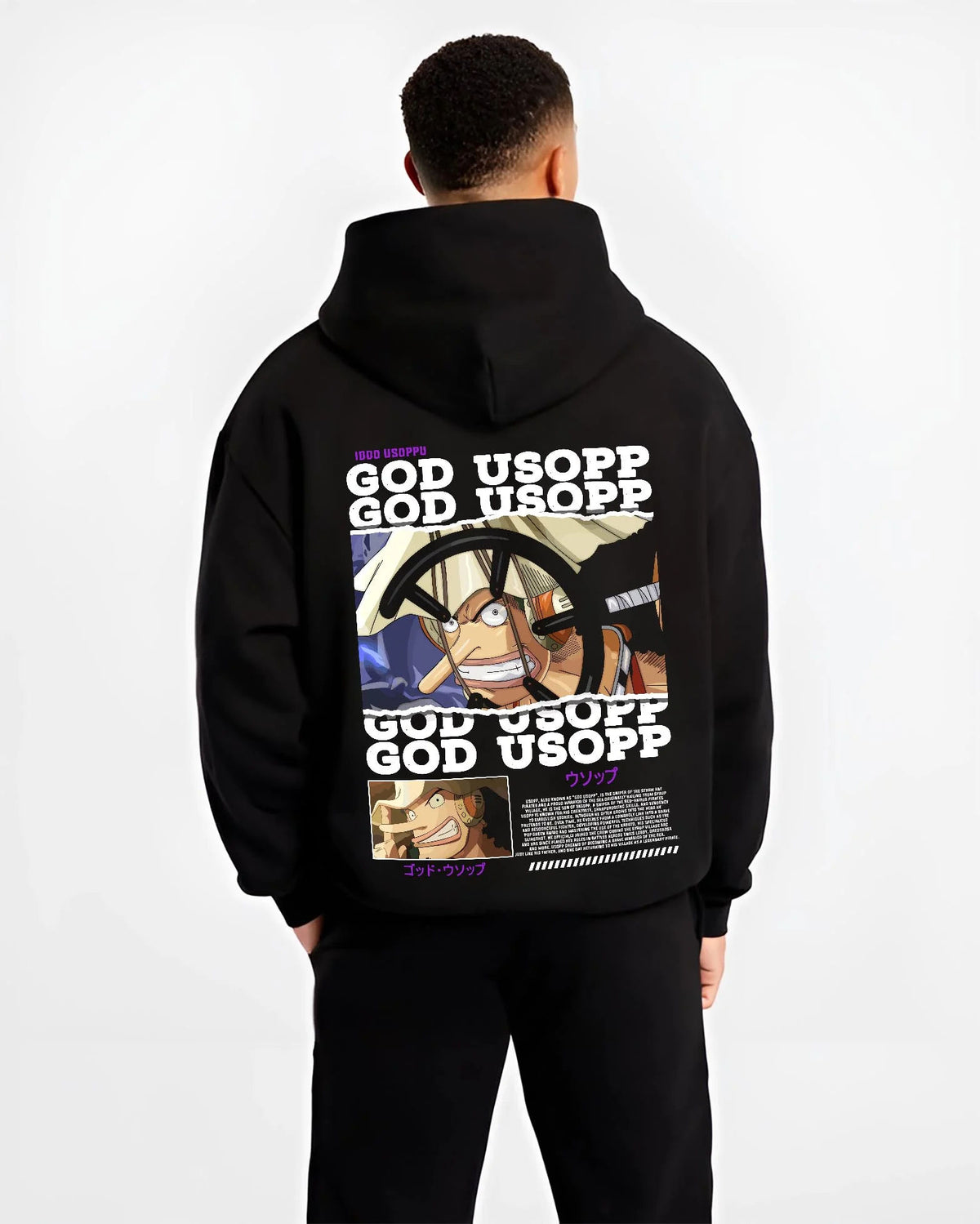 Black hoodie worn by male model from the back featuring God Usopp warrior sniper One Piece artwork.