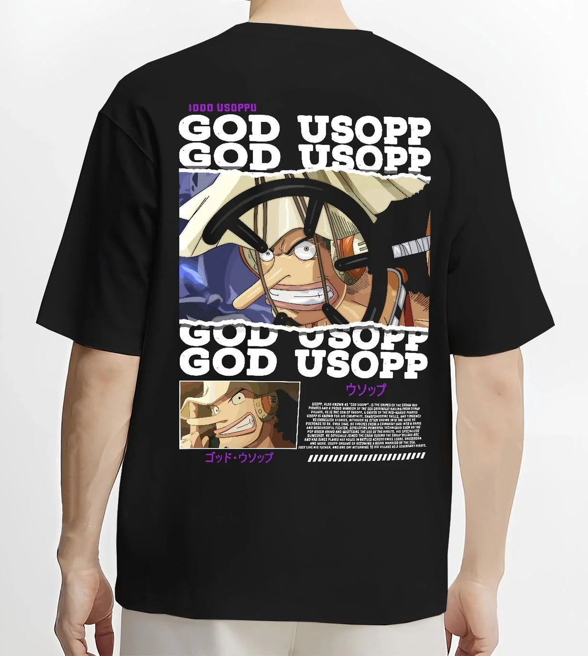 Black T-shirt worn by male model from the back featuring God Usopp warrior sniper One Piece artwork.