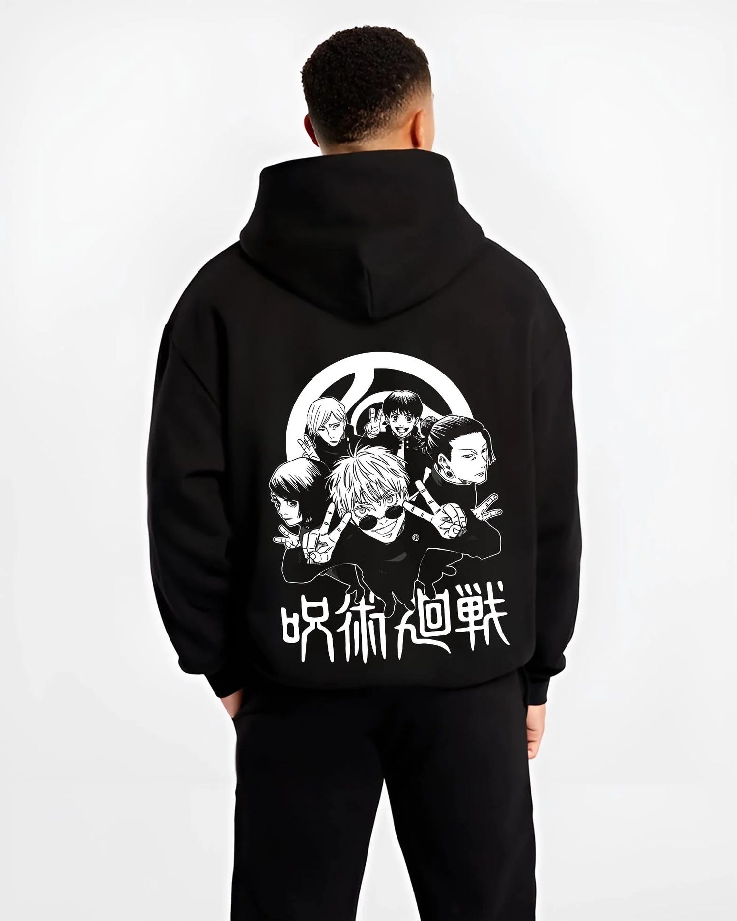 Black hoodie worn by male model, back view with Toji Fushiguro Hoodie Jujutsu Kaisen Assassin Clan graphic premium wear.