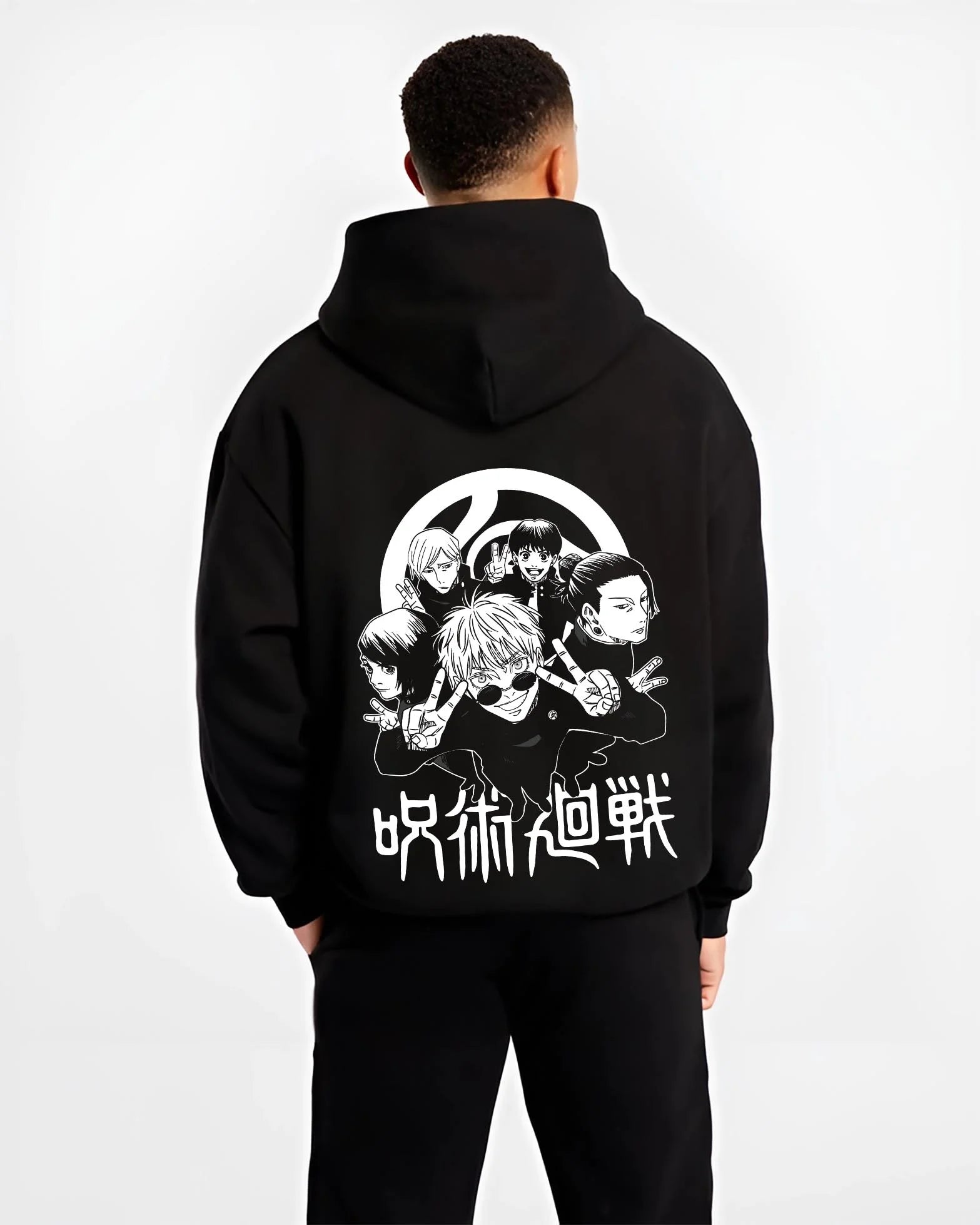 Black hoodie worn by male model, back view with Toji Fushiguro Hoodie Jujutsu Kaisen Assassin Clan graphic premium wear.