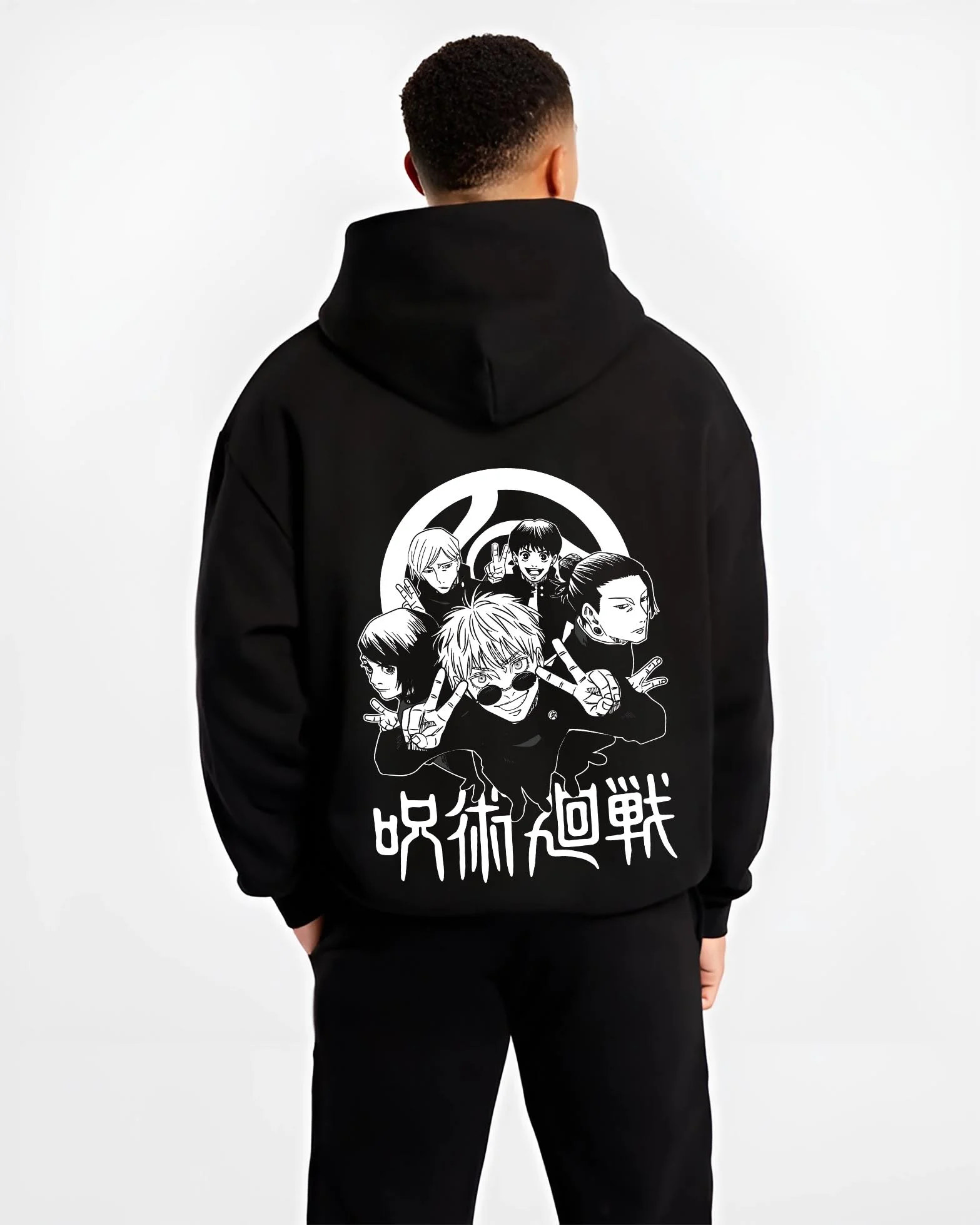 Black hoodie worn by male model, back view with Toji Fushiguro Hoodie Jujutsu Kaisen Assassin Clan graphic premium wear.