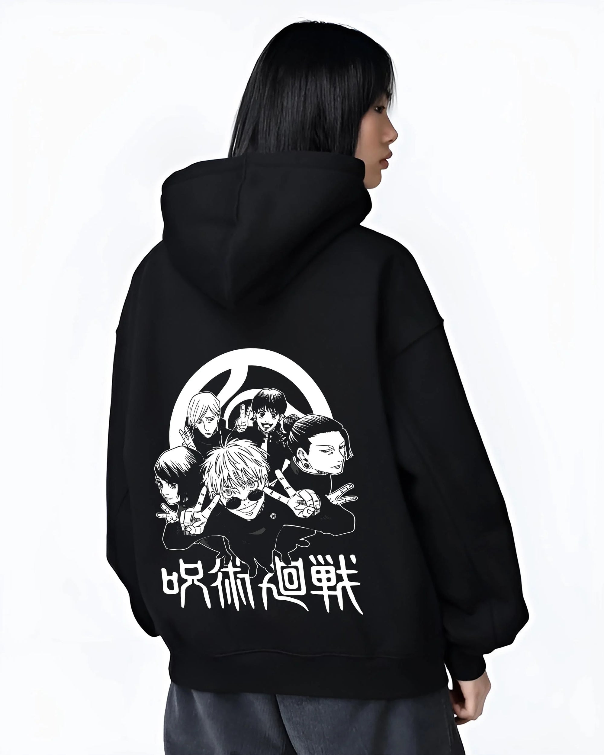 Black hoodie worn by female model, back view with Toji Fushiguro Hoodie Jujutsu Kaisen Assassin Clan graphic bold anime graphic.