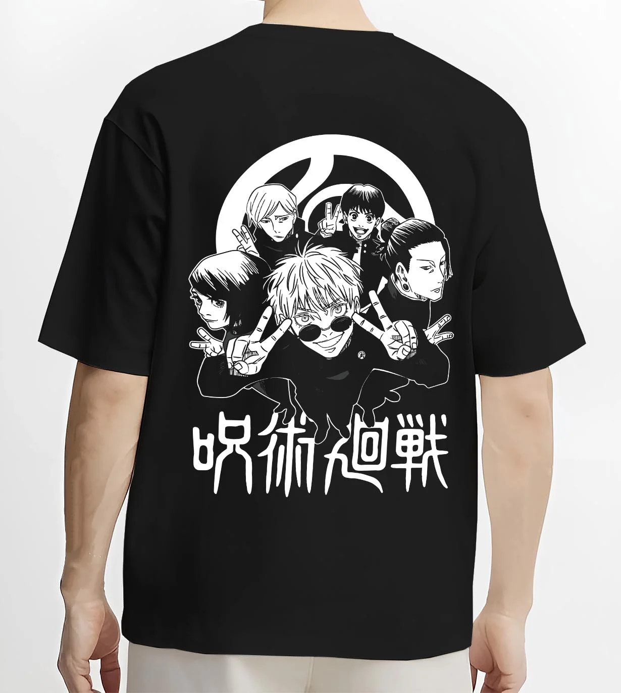 Black T-shirt worn by male model, back view with Toji Fushiguro Hoodie Jujutsu Kaisen Assassin Clan graphic streetwear graphic.