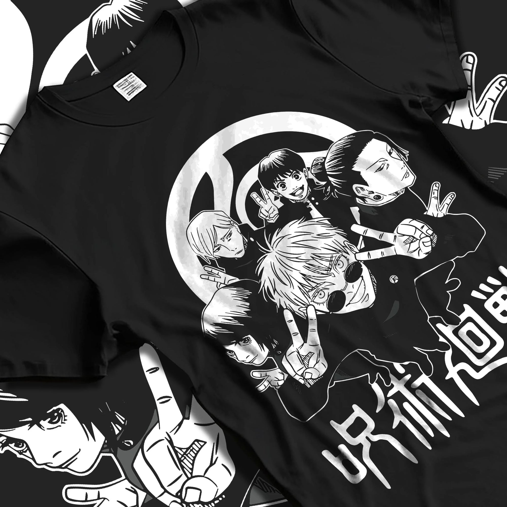 Black T-shirt laid flat with natural folds with Toji Fushiguro Hoodie Jujutsu Kaisen Assassin Clan graphic bold anime graphic.