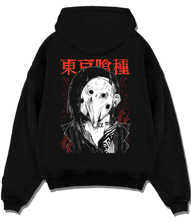 Black hoodie flat back view showing Uta from Tokyo Ghoul: mask-maker from Tokyo Ghoul