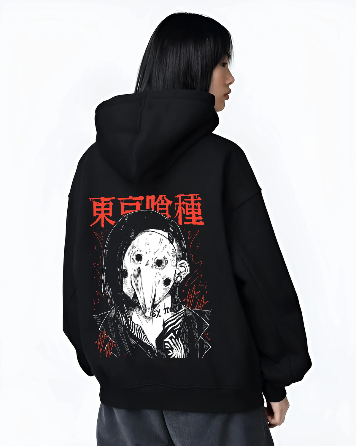 Black hoodie female model back view showing Uta from Tokyo Ghoul: mask-maker from Tokyo Ghoul