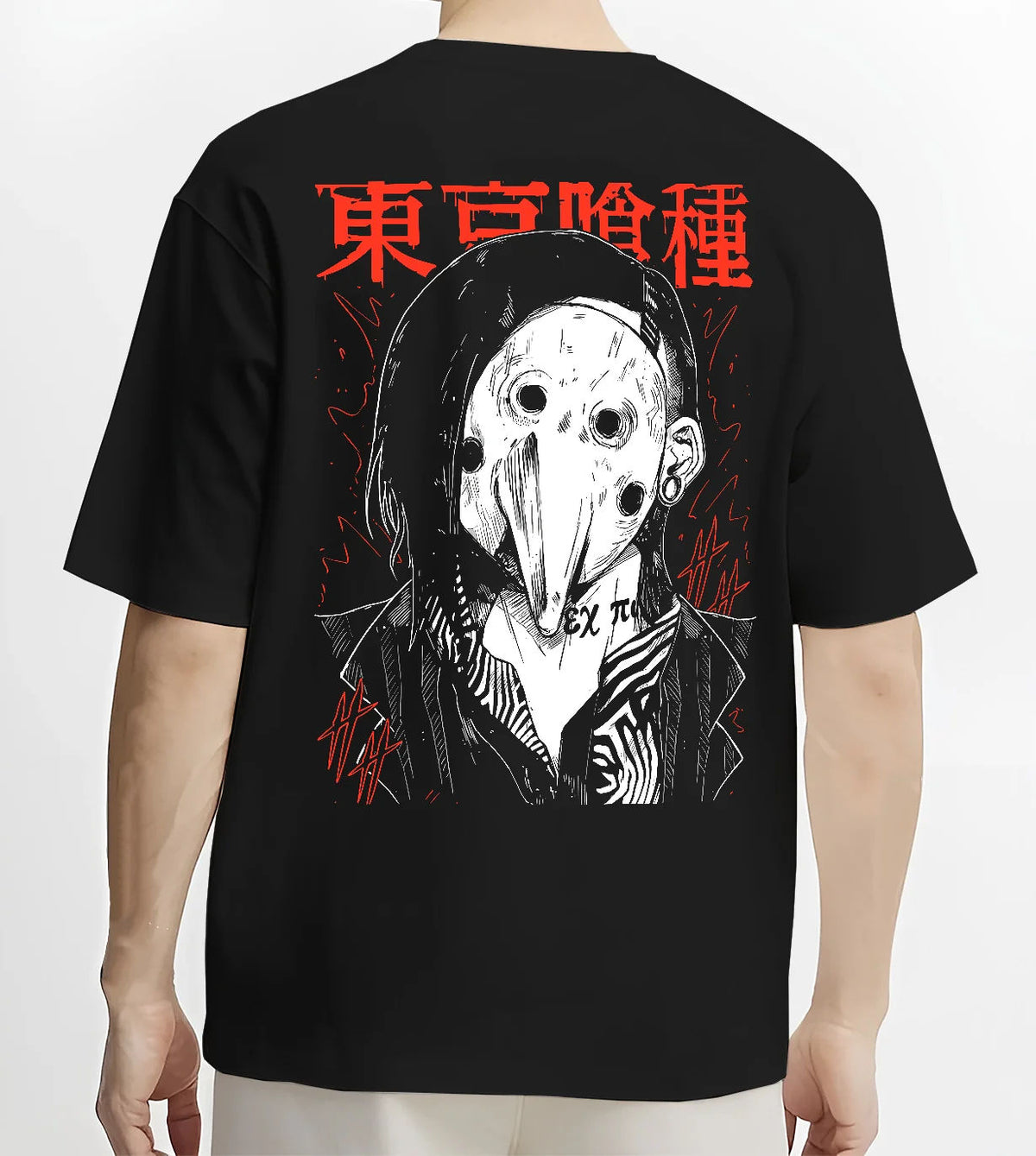 Black T-shirt model back view showing Uta from Tokyo Ghoul: mask-maker from Tokyo Ghoul