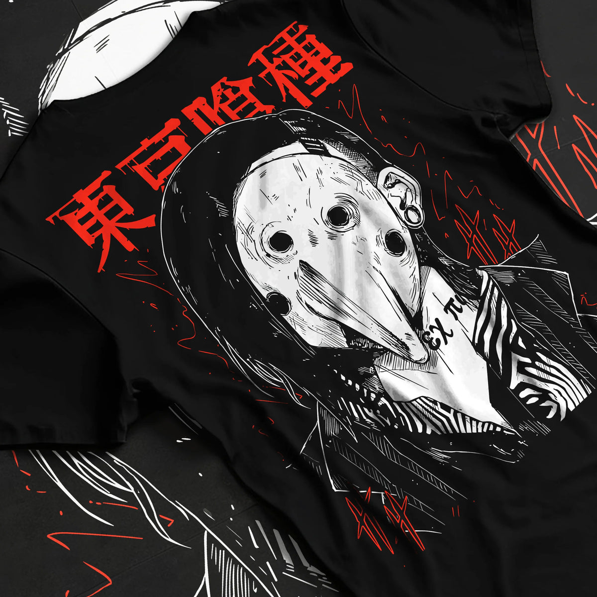 Black T-shirt flat back view showing Uta from Tokyo Ghoul: mask-maker from Tokyo Ghoul