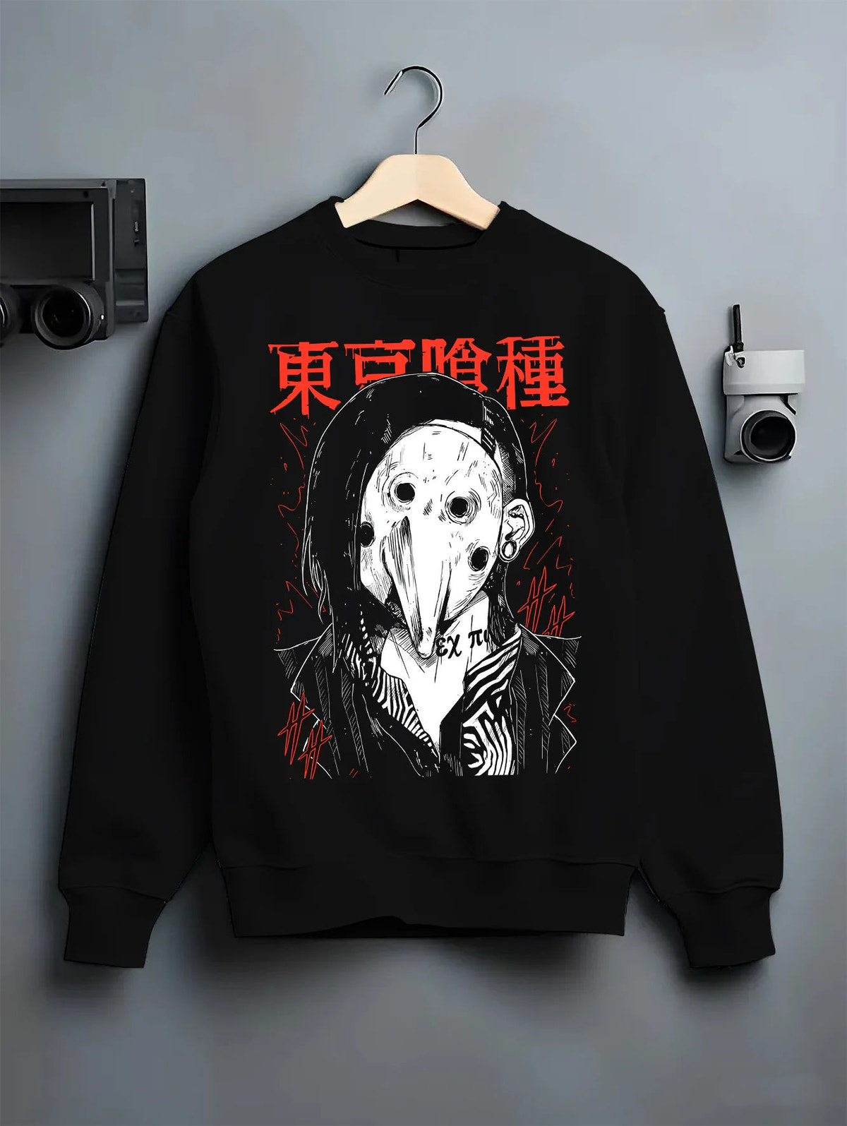 Black crewneck sweatshirt on hanger showing Uta from Tokyo Ghoul: mask-maker from Tokyo Ghoul
