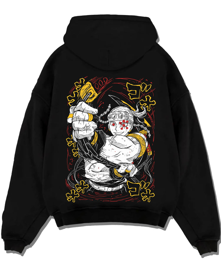 Black hoodie laid flat featuring Tengen Uzui Sound Hashira explosion Demon Slayer artwork.