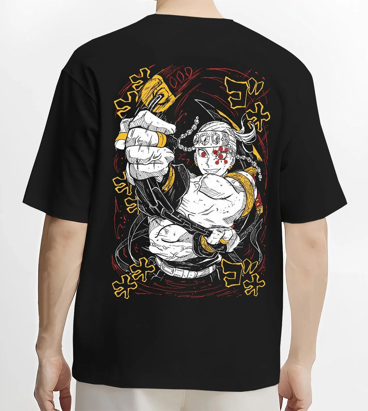 Black T-shirt worn by male model from the back featuring Tengen Uzui Sound Hashira explosion Demon Slayer artwork.