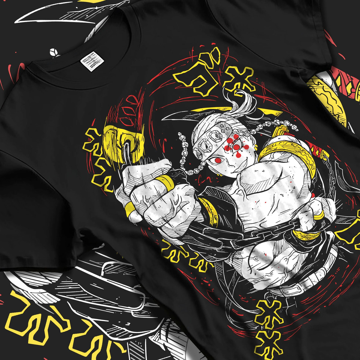 Black T-shirt laid flat with natural folds featuring Tengen Uzui Sound Hashira explosion Demon Slayer artwork.