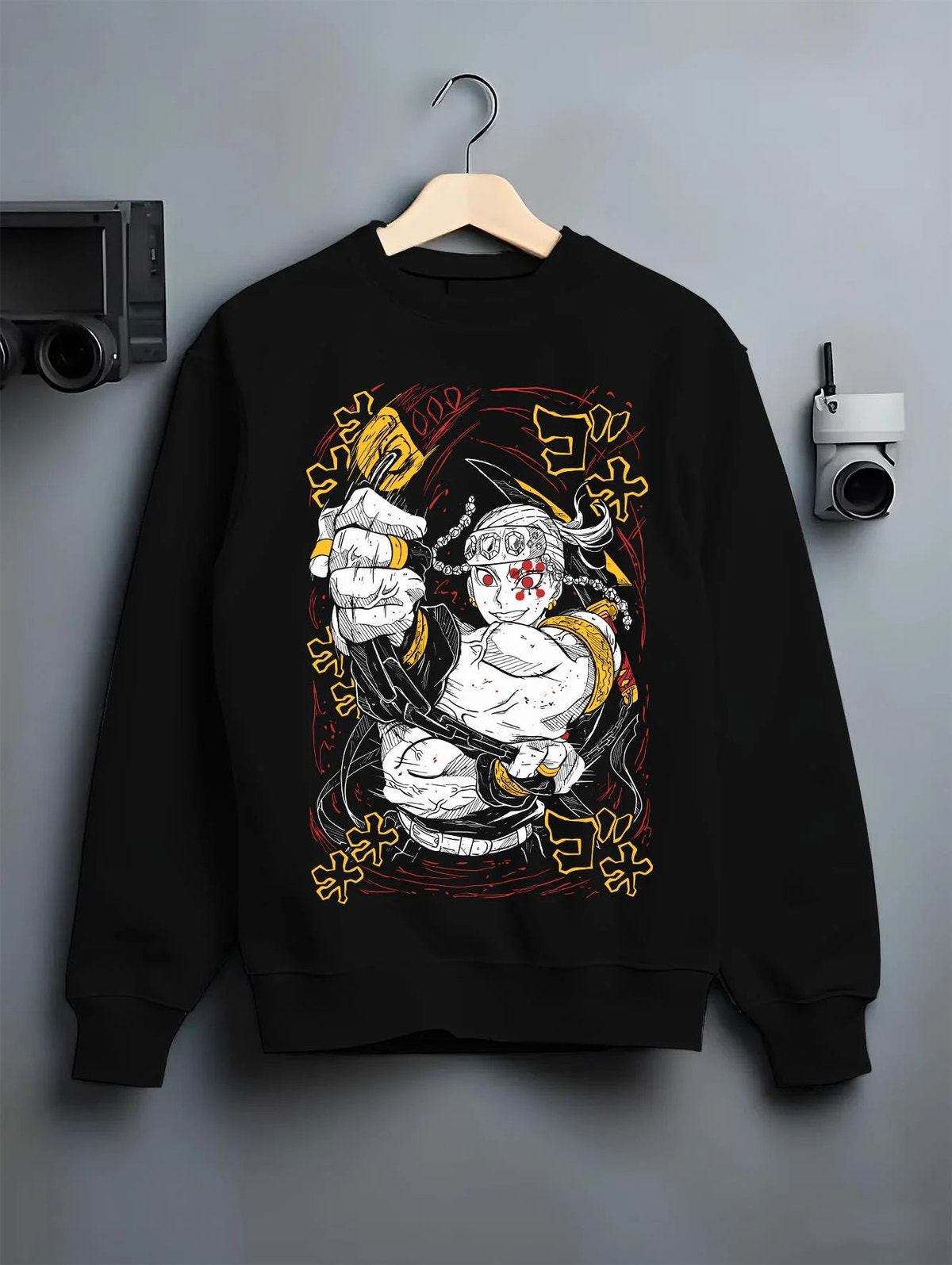 Black crewneck sweatshirt on hanger featuring Tengen Uzui Sound Hashira explosion Demon Slayer artwork.