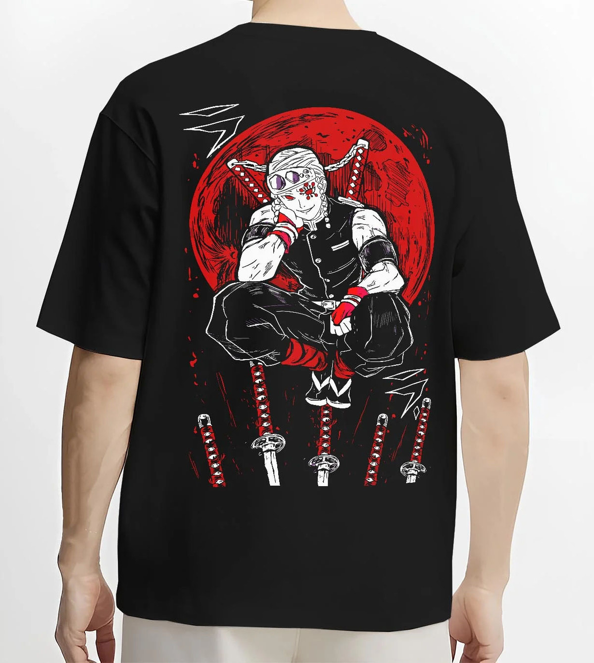 Black T-shirt worn by male model from the back featuring Tengen Uzui Sound Hashira flame battle Demon Slayer artwork.