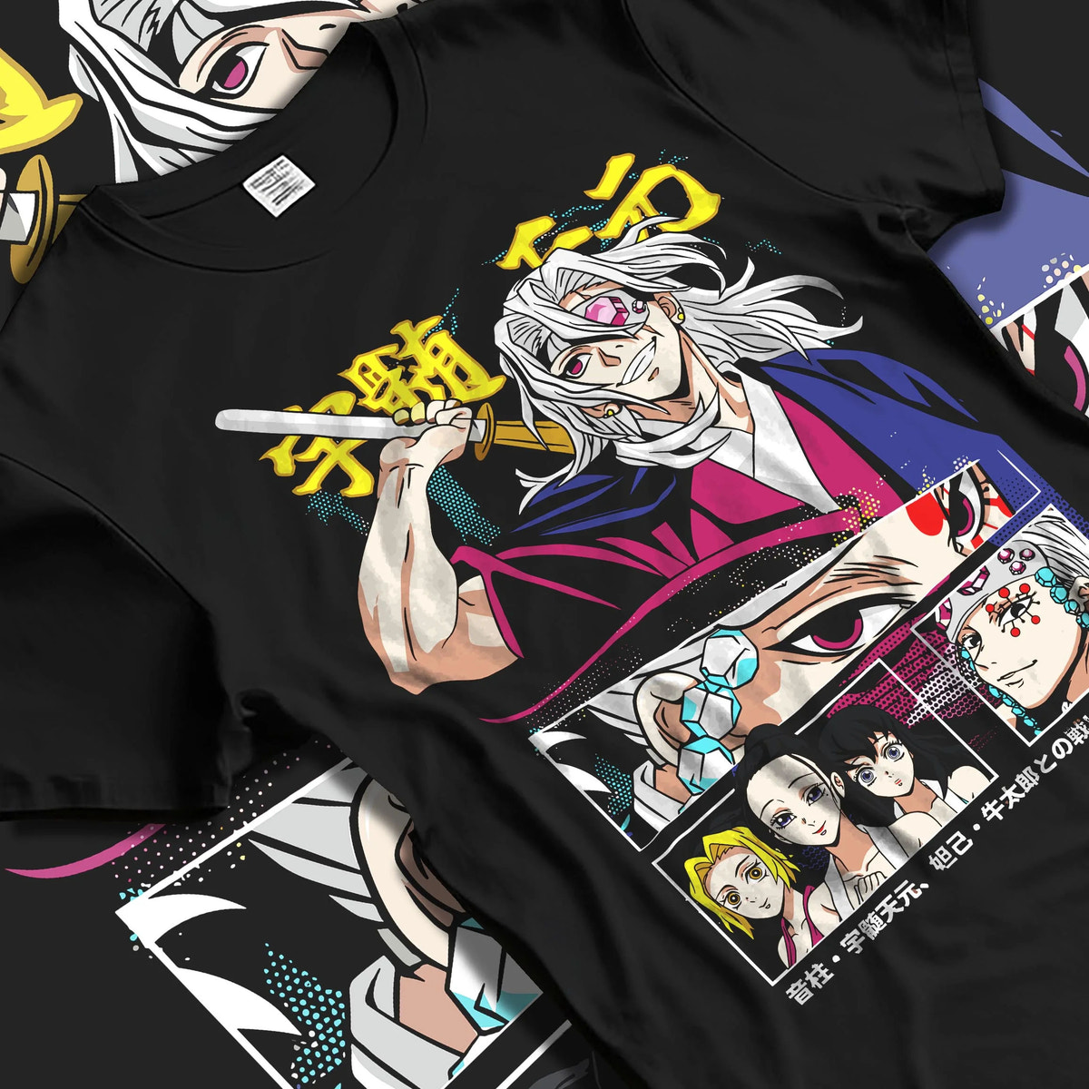 Black T-shirt laid flat with natural folds featuring Tengen Uzui flashy Sound Hashira Demon Slayer artwork.