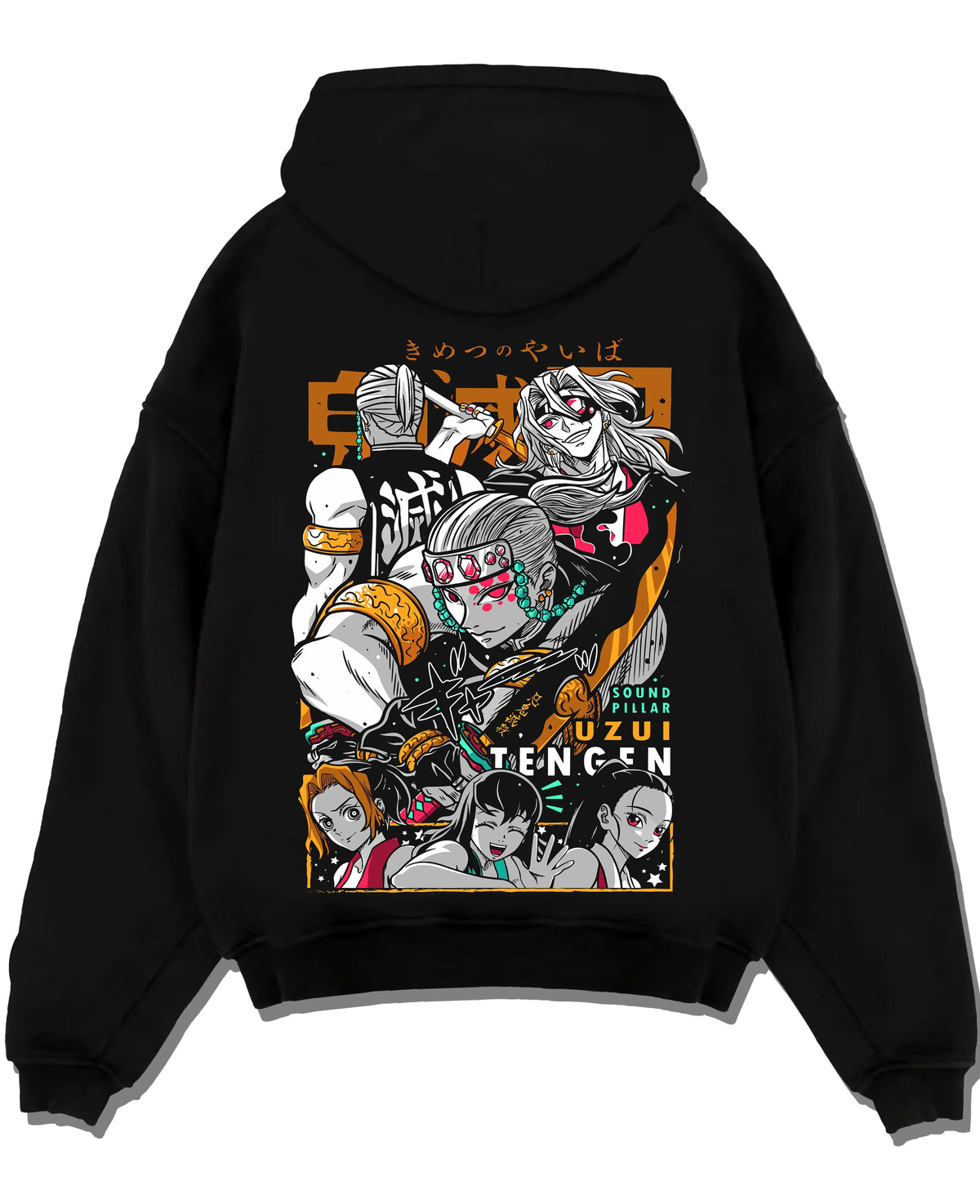 Black hoodie laid flat featuring Tengen Uzui Sound Hashira battle Demon Slayer artwork.
