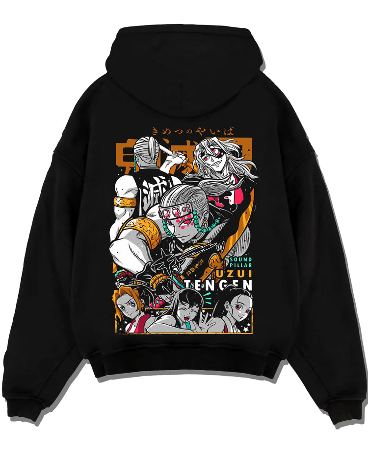 Black hoodie laid flat featuring Tengen Uzui Sound Hashira battle Demon Slayer artwork.
