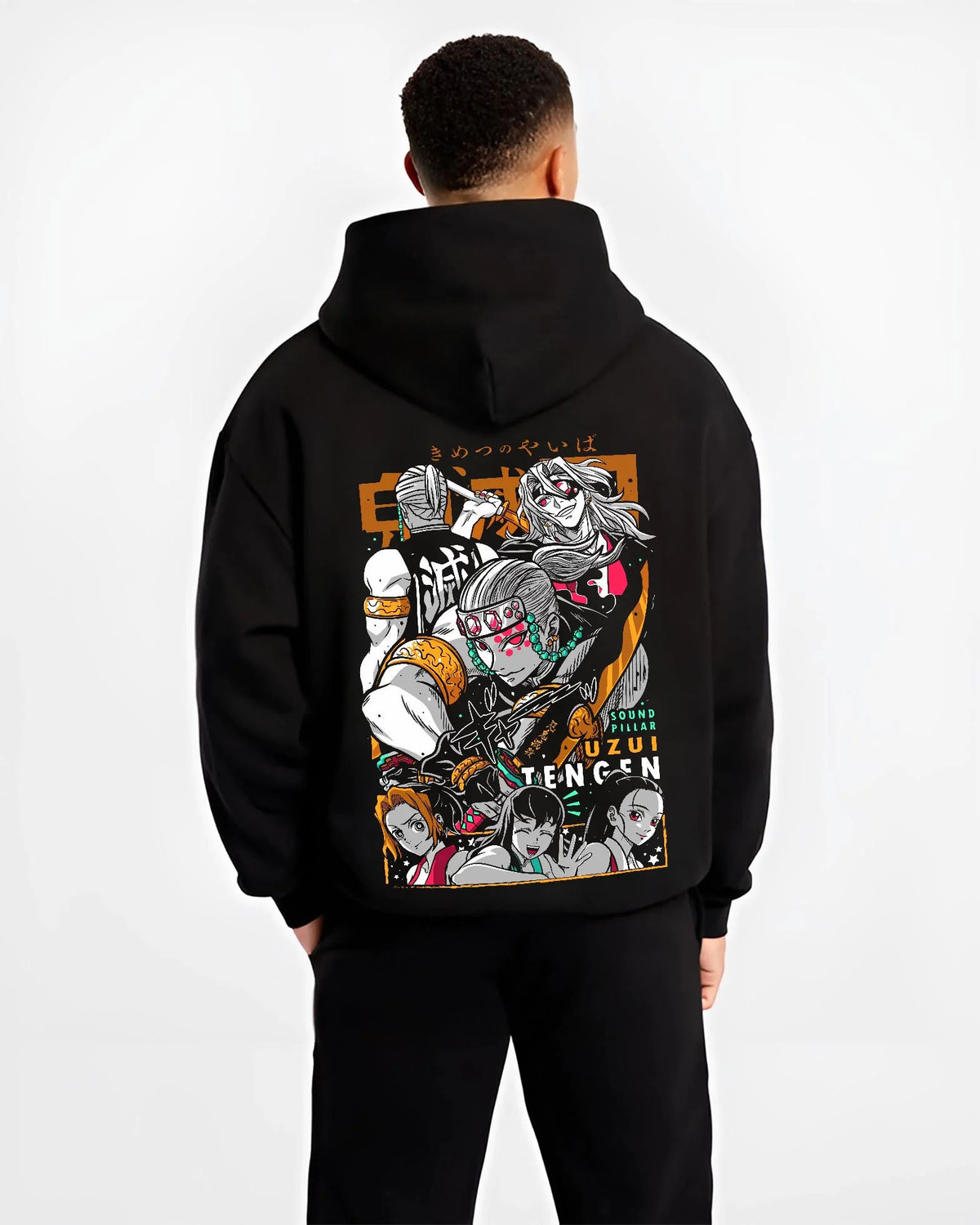Black hoodie worn by male model from the back featuring Tengen Uzui Sound Hashira battle Demon Slayer artwork.