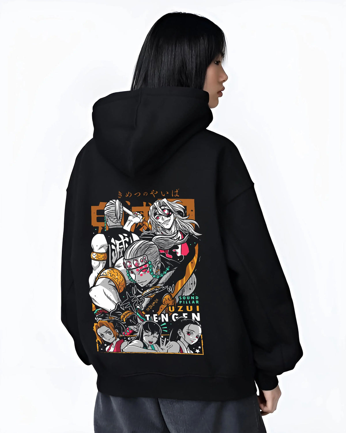 Black hoodie worn by female model from the back featuring Tengen Uzui Sound Hashira battle Demon Slayer artwork.