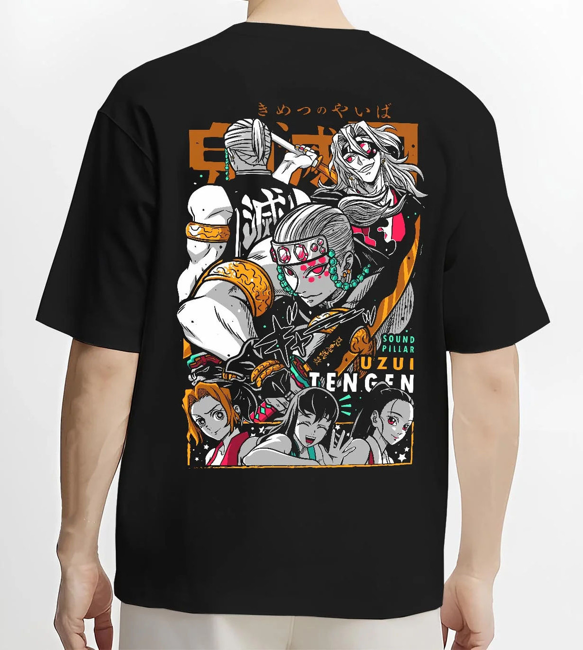 Black T-shirt worn by male model from the back featuring Tengen Uzui Sound Hashira battle Demon Slayer artwork.