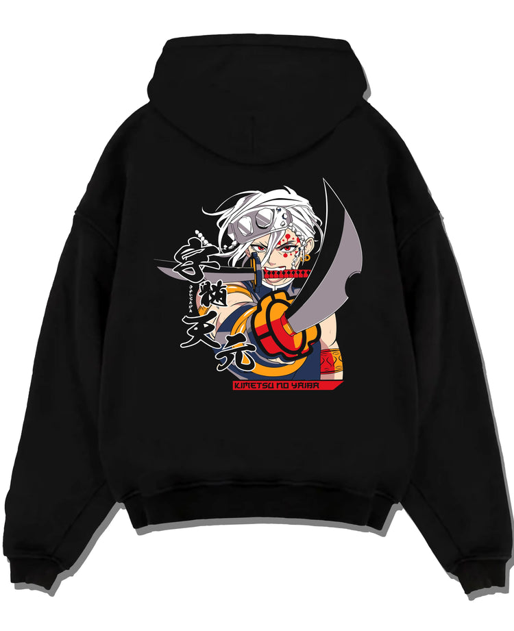 Black hoodie laid flat featuring Tengen Uzui Sound Breathing Demon Slayer artwork.