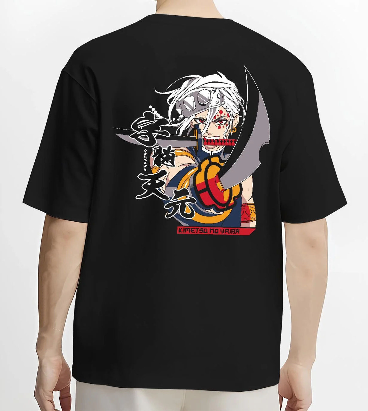 Black T-shirt worn by male model from the back featuring Tengen Uzui Sound Breathing Demon Slayer artwork.