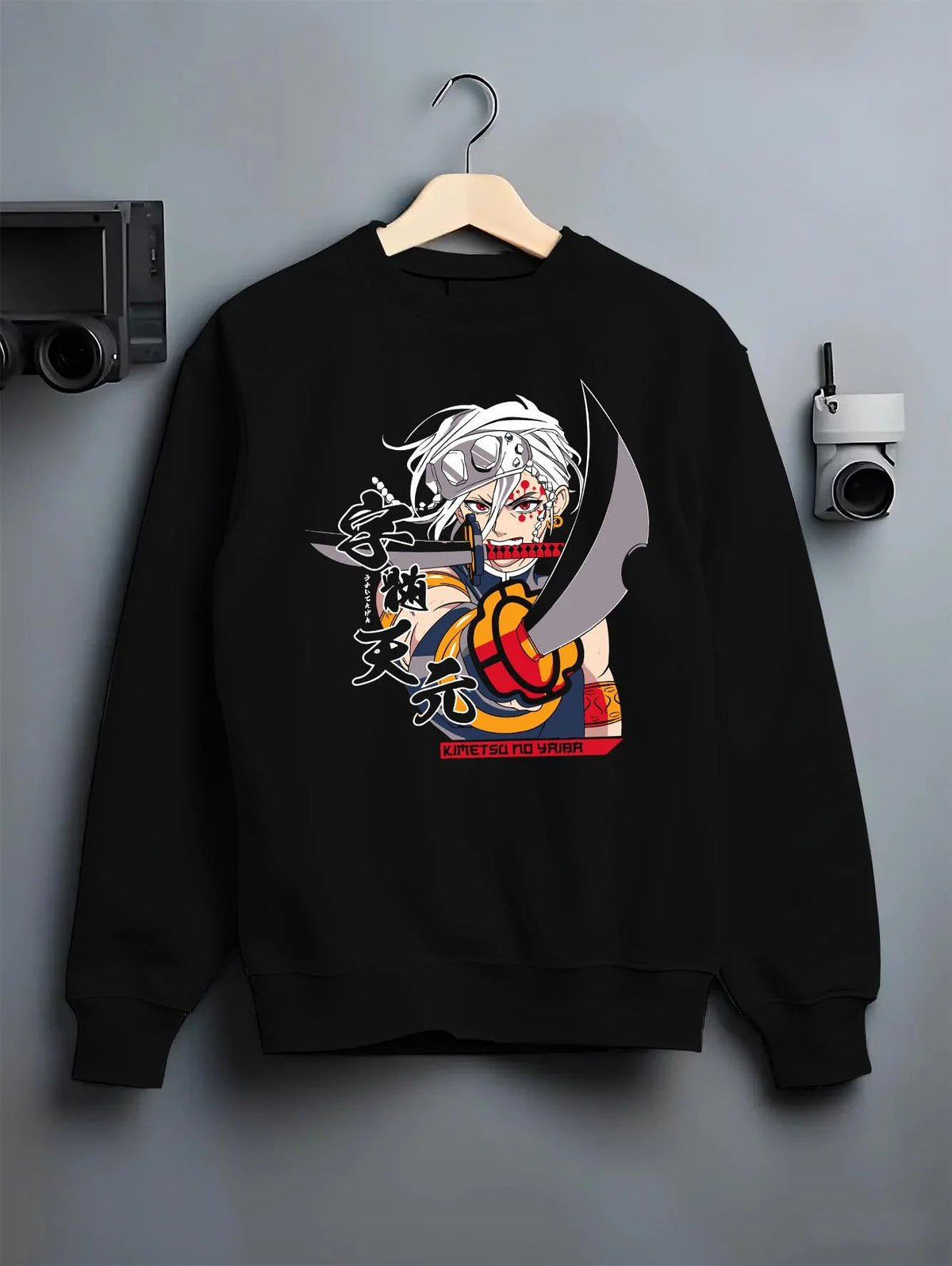 Black crewneck sweatshirt on hanger featuring Tengen Uzui Sound Breathing Demon Slayer artwork.